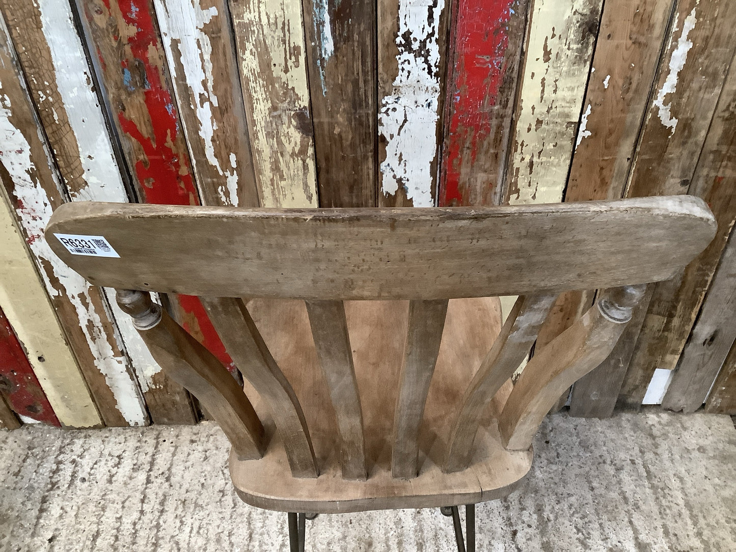 Stripped Farmhouse Old Waxed Beech Elm Slat Back Bar Stool On Metal Base 3'7"H