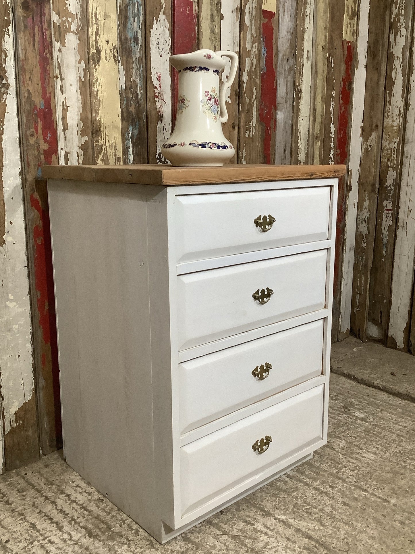 Reclaimed White Painted Pine 4 Drawer Chunky Top Chest of Drawers H 92cmx W64.4cm