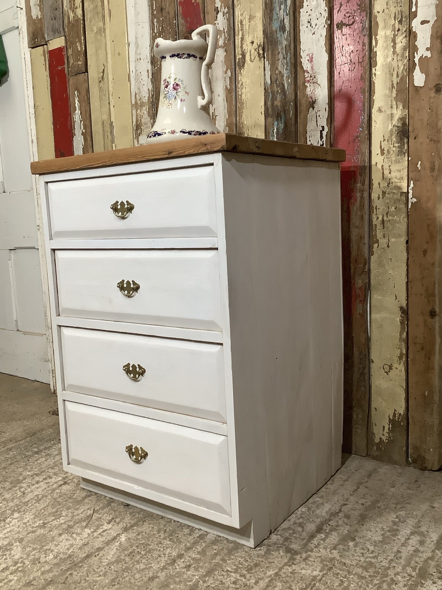 Reclaimed White Painted Pine 4 Drawer Chunky Top Chest of Drawers H 92cmx W64.4cm