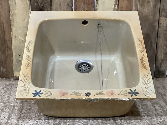 Small Square Old Yellowy Hand painted Porcelain Enamelled Kitchen Sink