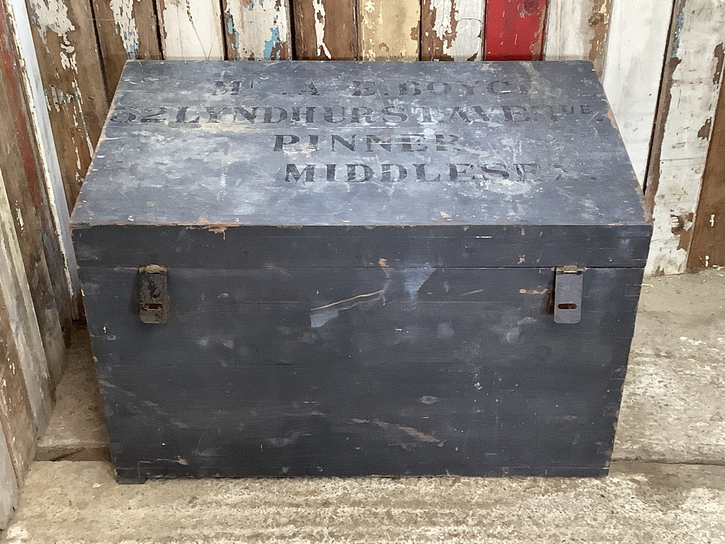 1930s Old Painted Pine Travellers Blanket Box Wrought Iron Handles 1'8"H 2'8" W