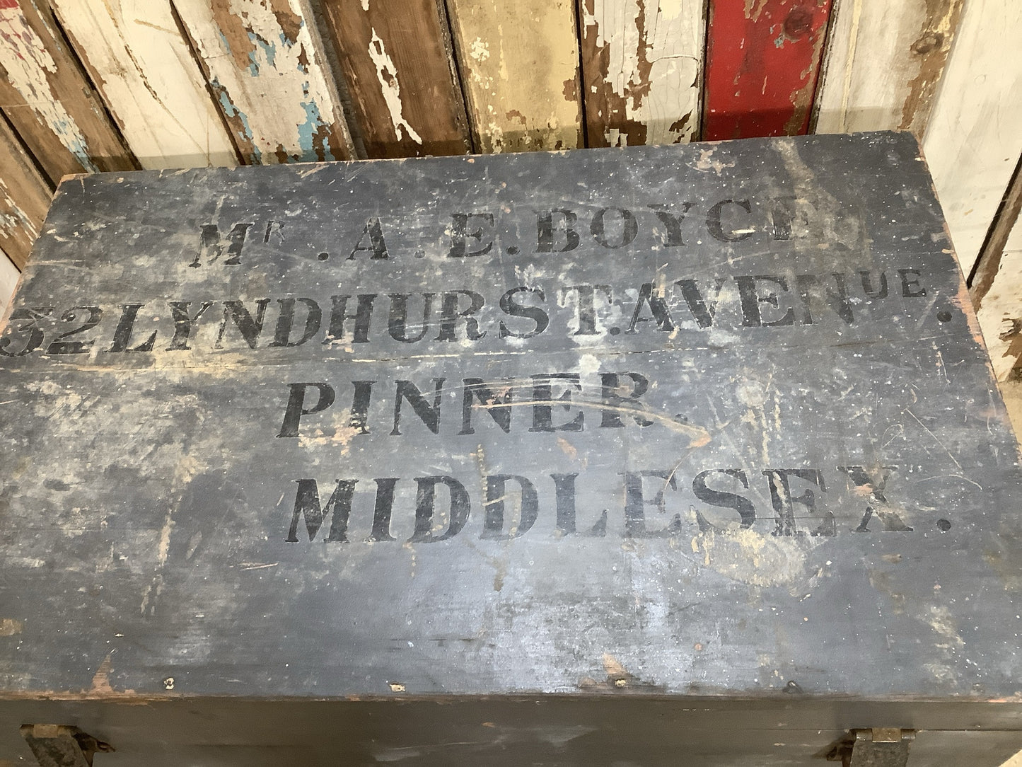 1930s Old Painted Pine Travellers Blanket Box Wrought Iron Handles 1'8"H 2'8" W