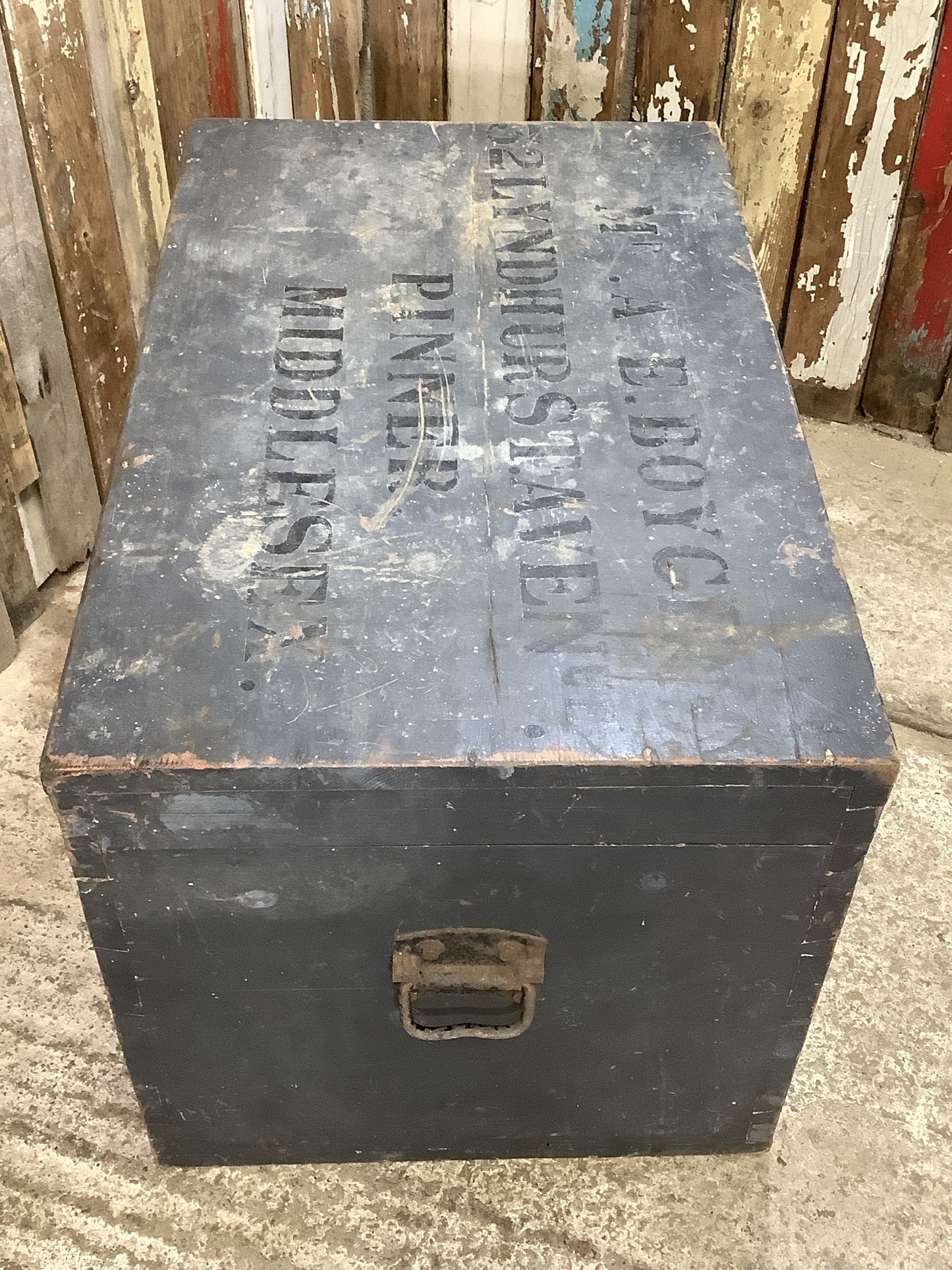 1930s Old Painted Pine Travellers Blanket Box Wrought Iron Handles 1'8"H 2'8" W