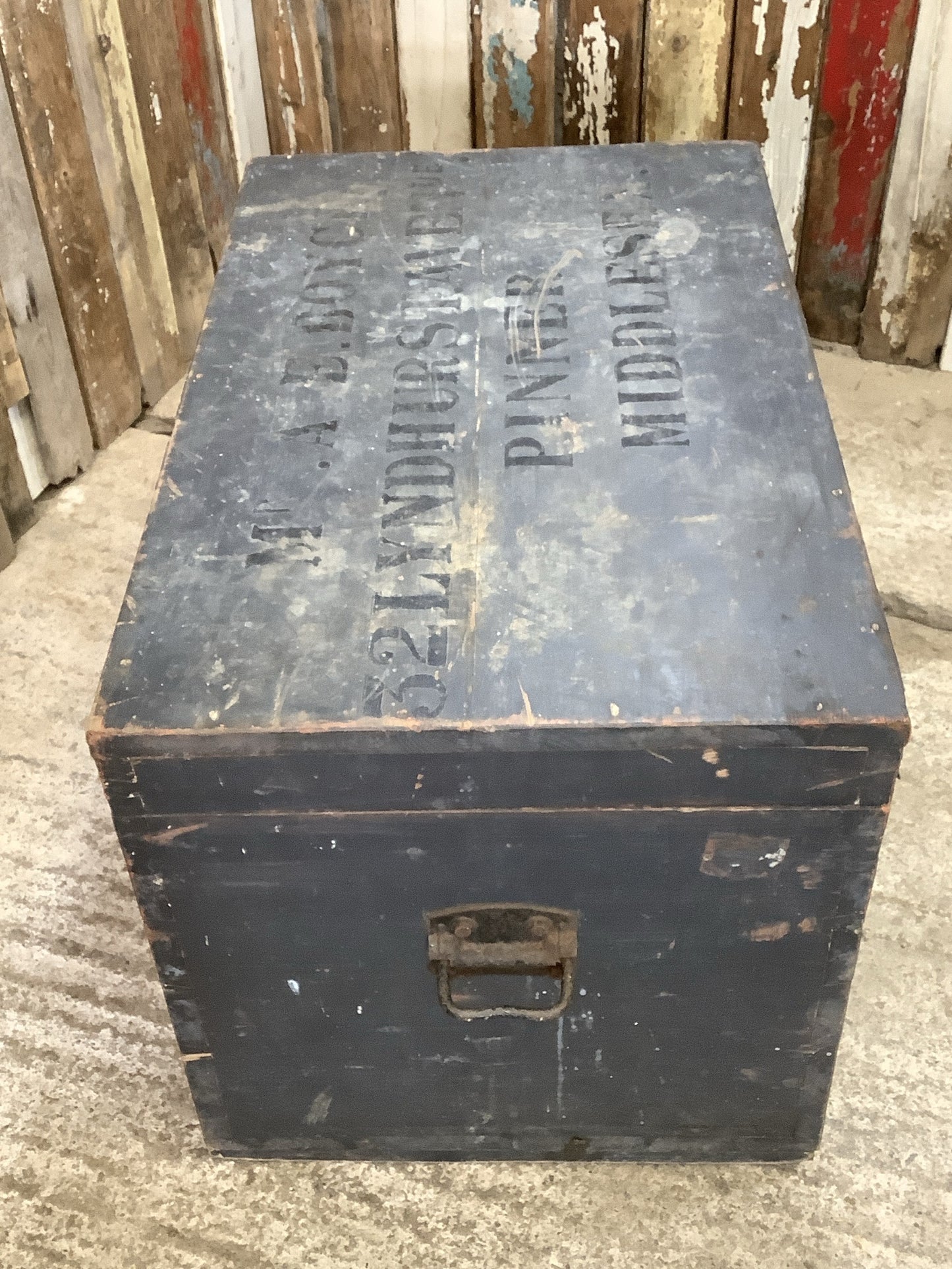 1930s Old Painted Pine Travellers Blanket Box Wrought Iron Handles 1'8"H 2'8" W