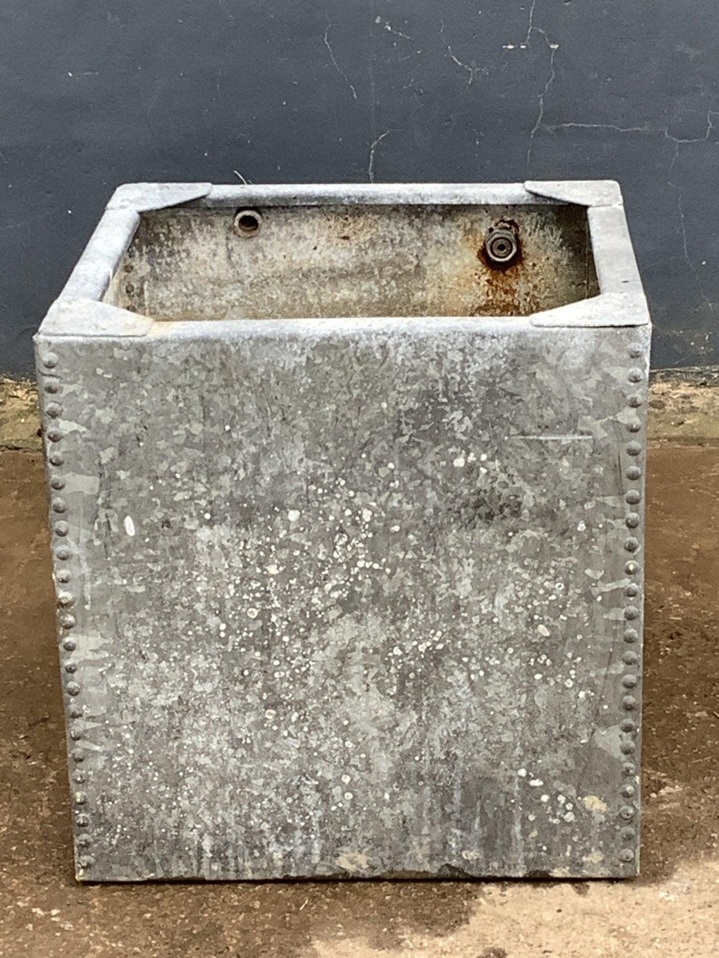 2ft Square Riveted Old Tarnished Galvanized Metal Water Planter Tank