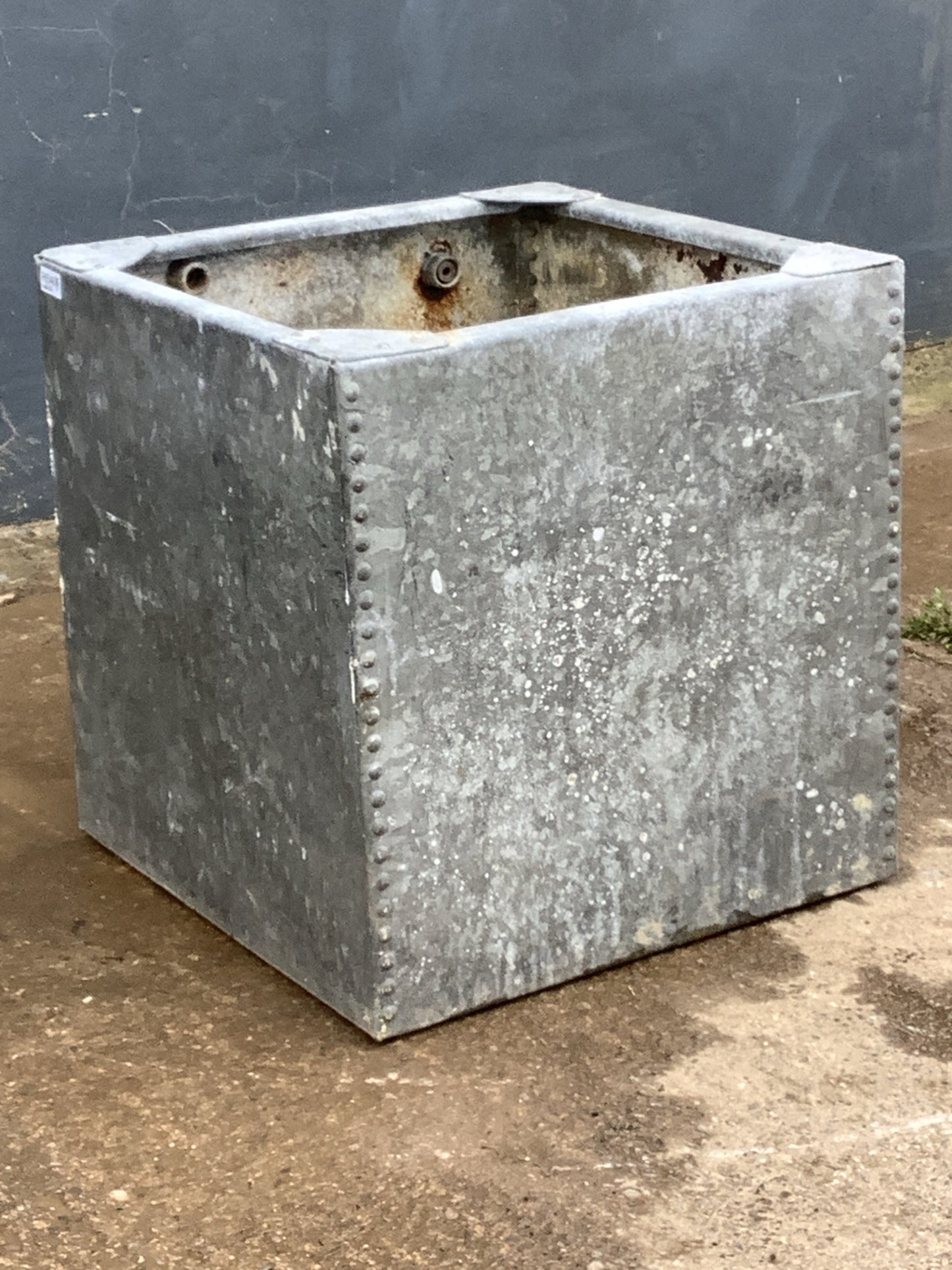 2ft Square Riveted Old Tarnished Galvanized Metal Water Planter Tank