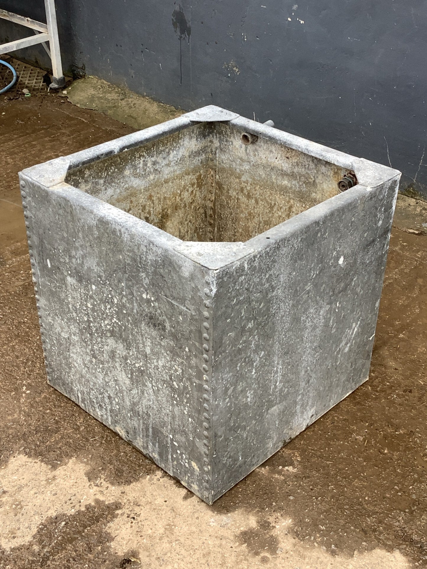 2ft Square Riveted Old Tarnished Galvanized Metal Water Planter Tank