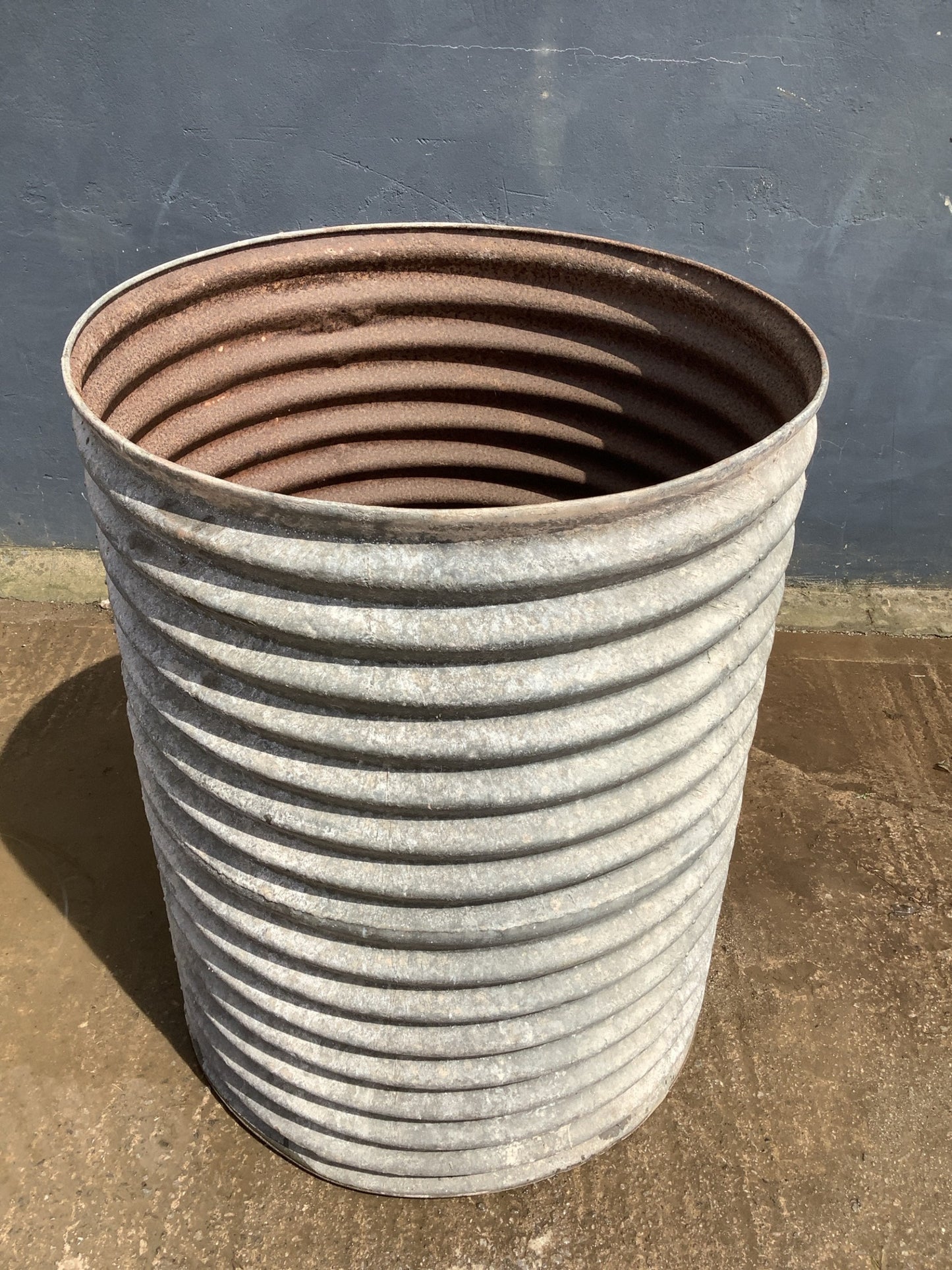 4ft Tall Round Corrugated Old Galvanised Tarnished Metal Water Butt Planter