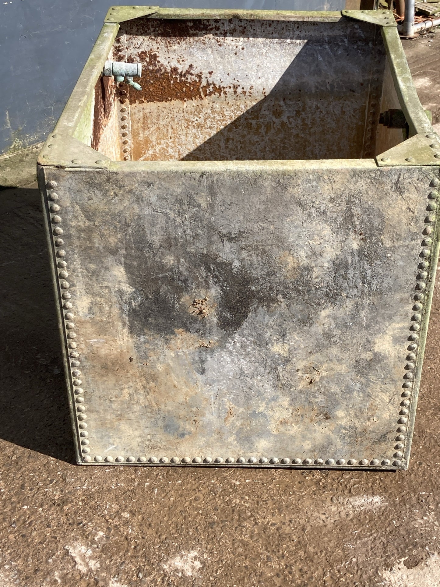 2'6"H 2'5" W Used Old Tarnished Riveted Galvanized Metal Tank Trough