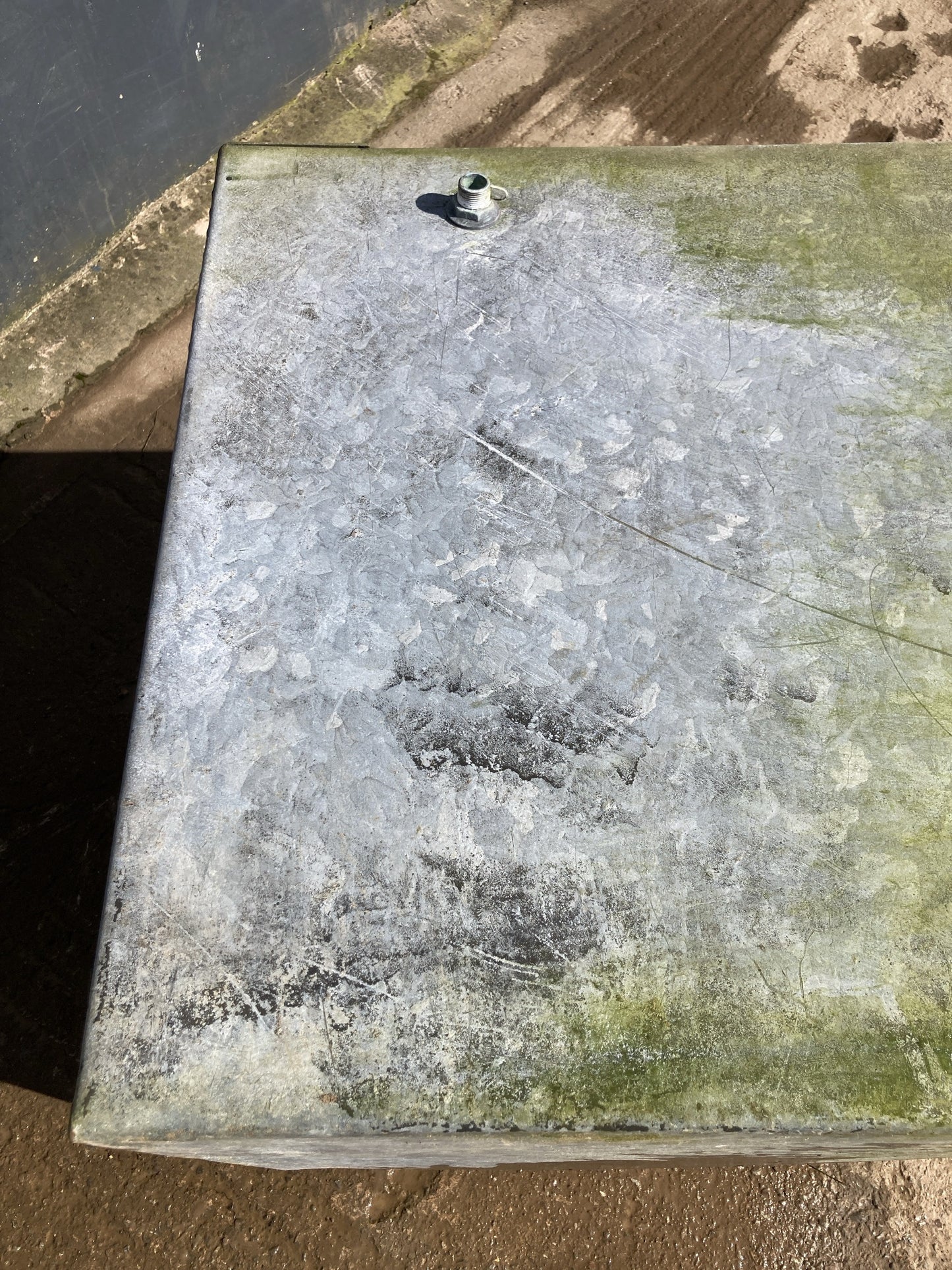 2'6"H 2'5" W Used Old Tarnished Riveted Galvanized Metal Tank Trough