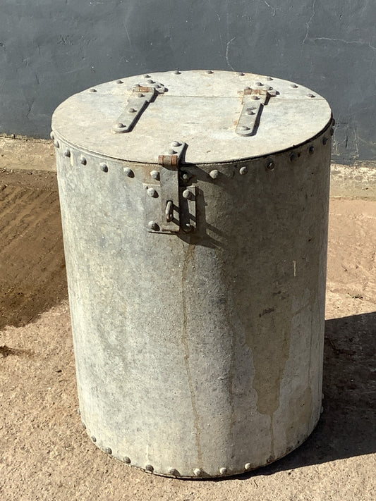 Lovely Old Round Riveted Garden Galvanised Tarnished Metal Feed Storage Bin Planter