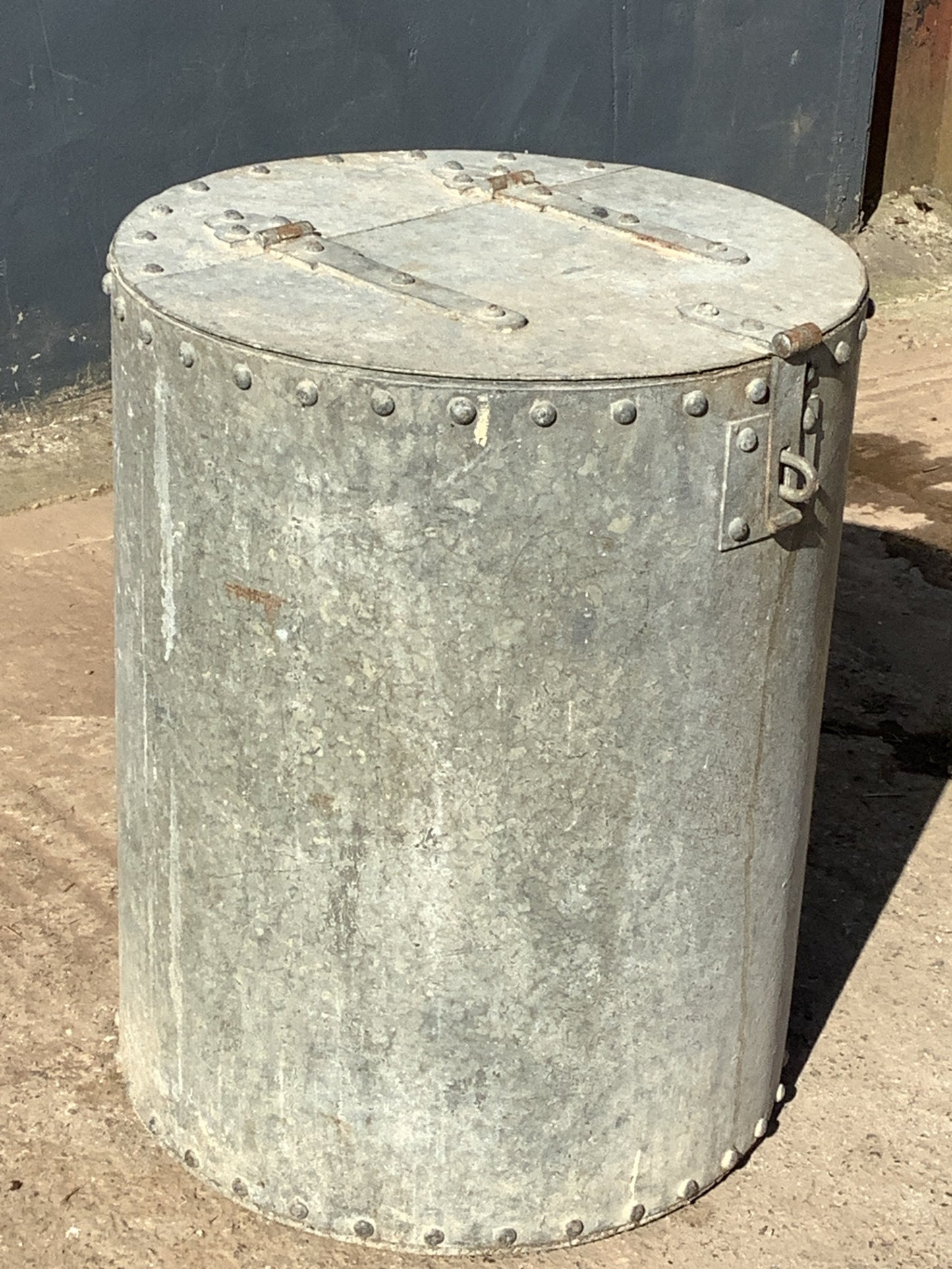 Lovely Old Round Riveted Garden Galvanised Tarnished Metal Feed Storage Bin Planter