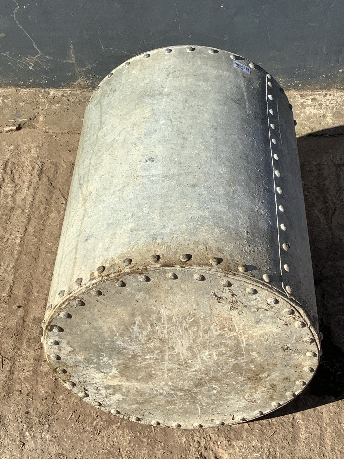 Lovely Old Round Riveted Garden Galvanised Tarnished Metal Feed Storage Bin Planter