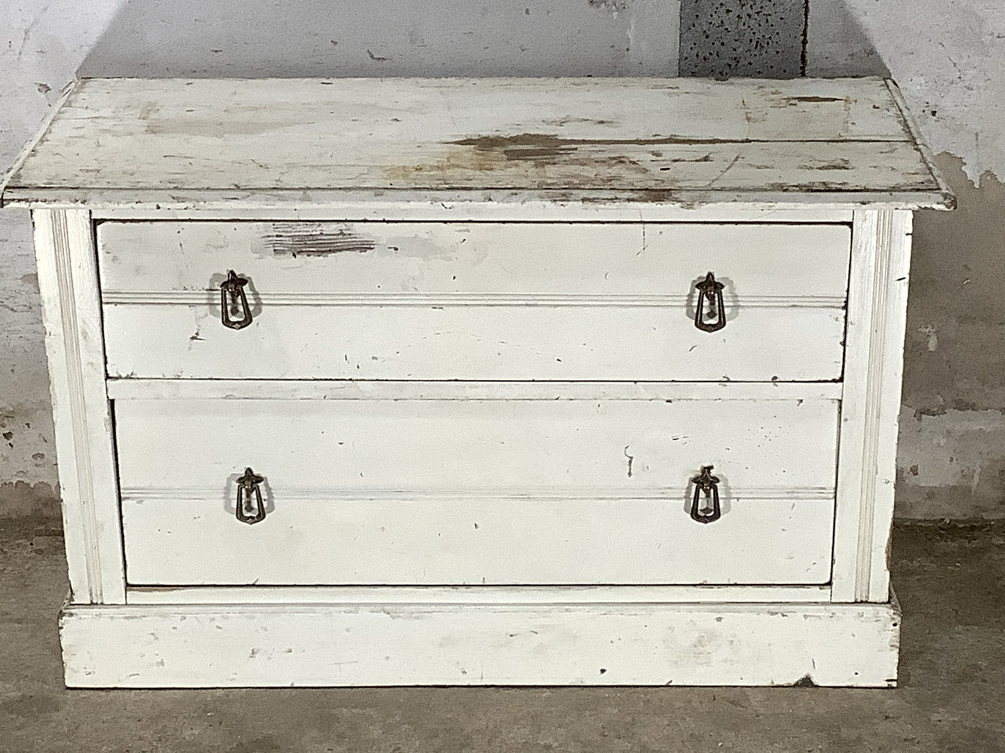Rustic 1930s White Painted Pine Chest of Drawers with 2 Drawers  1'11"H 3'2" W