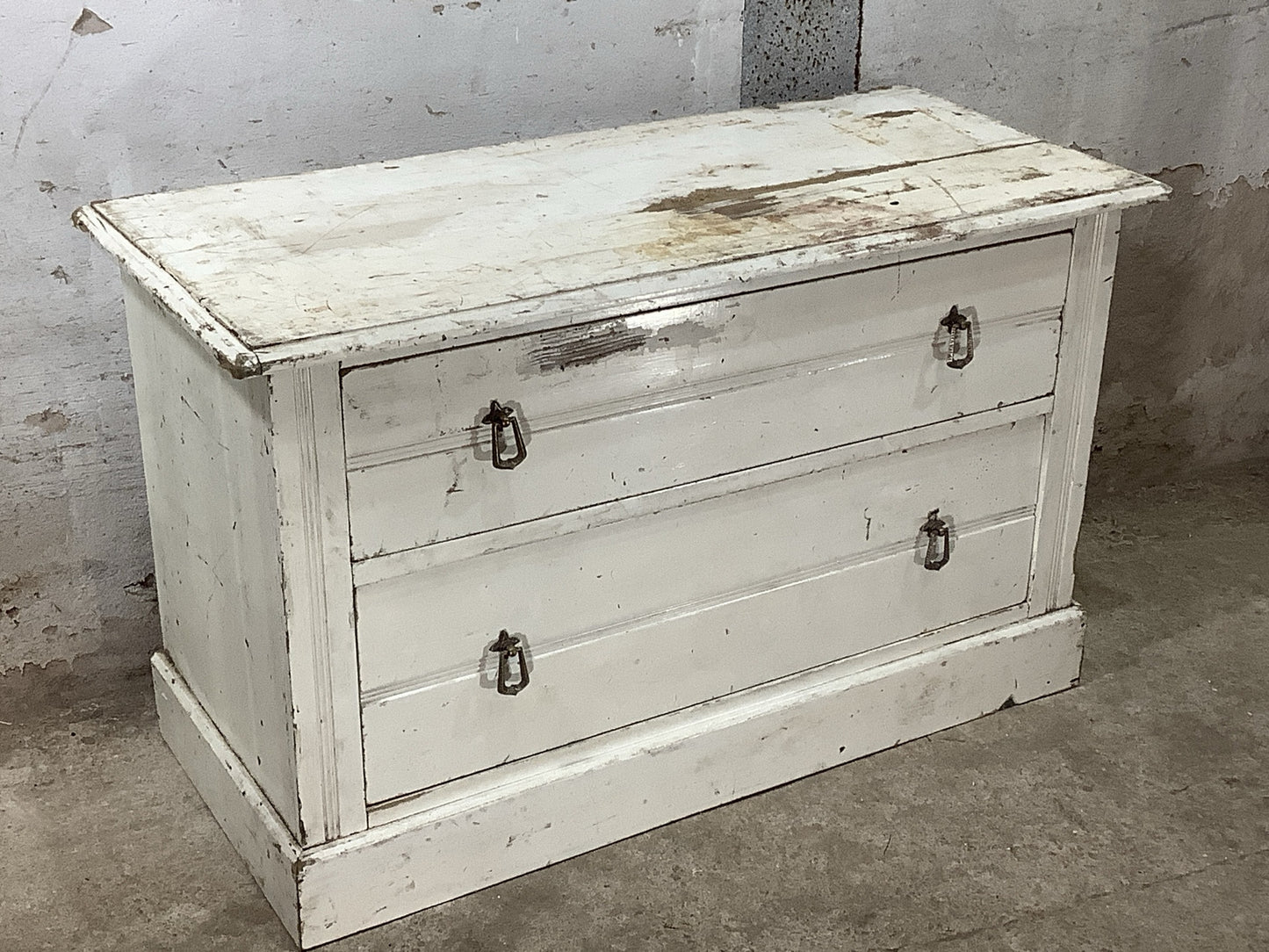 Rustic 1930s White Painted Pine Chest of Drawers with 2 Drawers  1'11"H 3'2" W