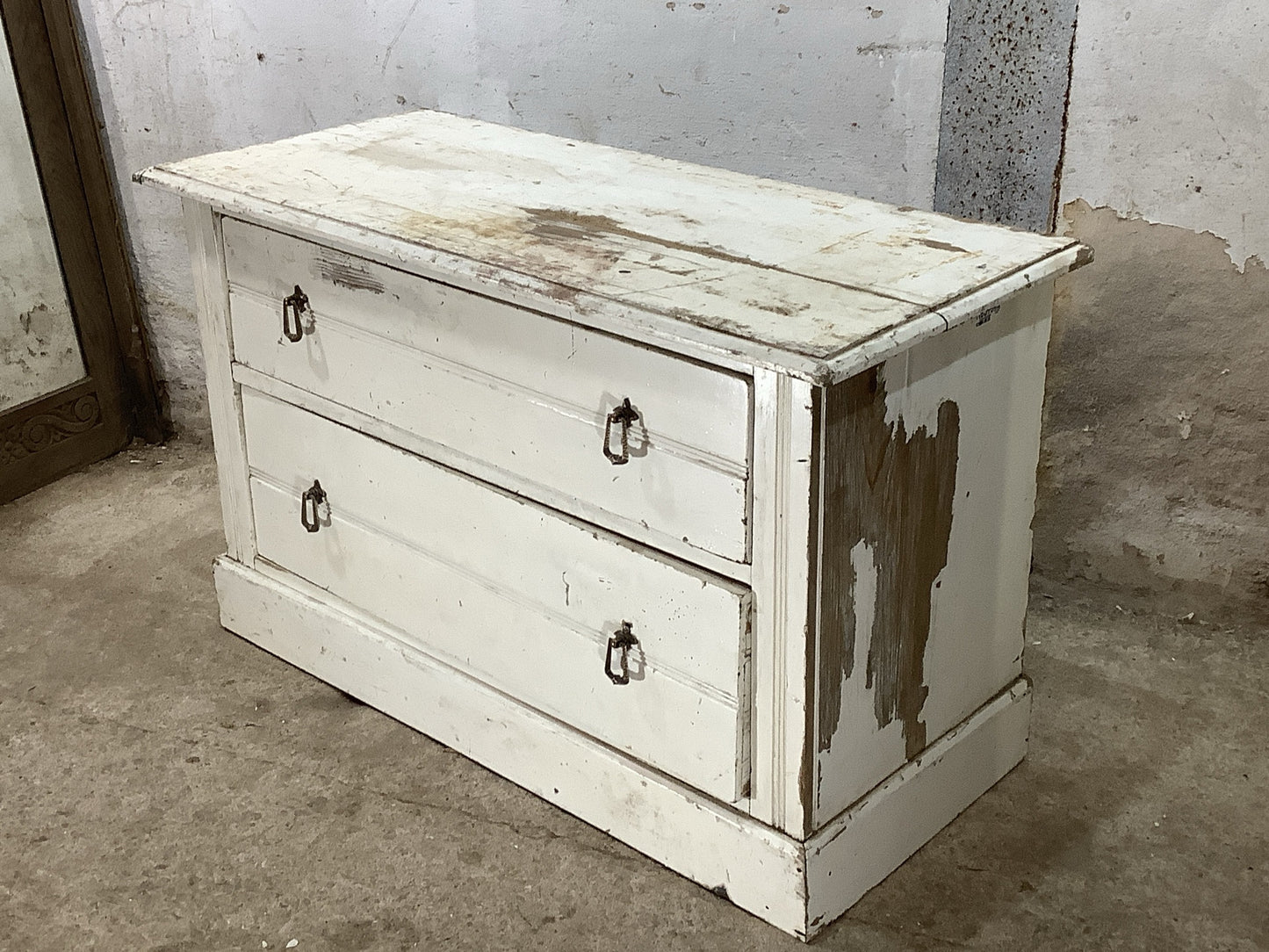 Rustic 1930s White Painted Pine Chest of Drawers with 2 Drawers  1'11"H 3'2" W