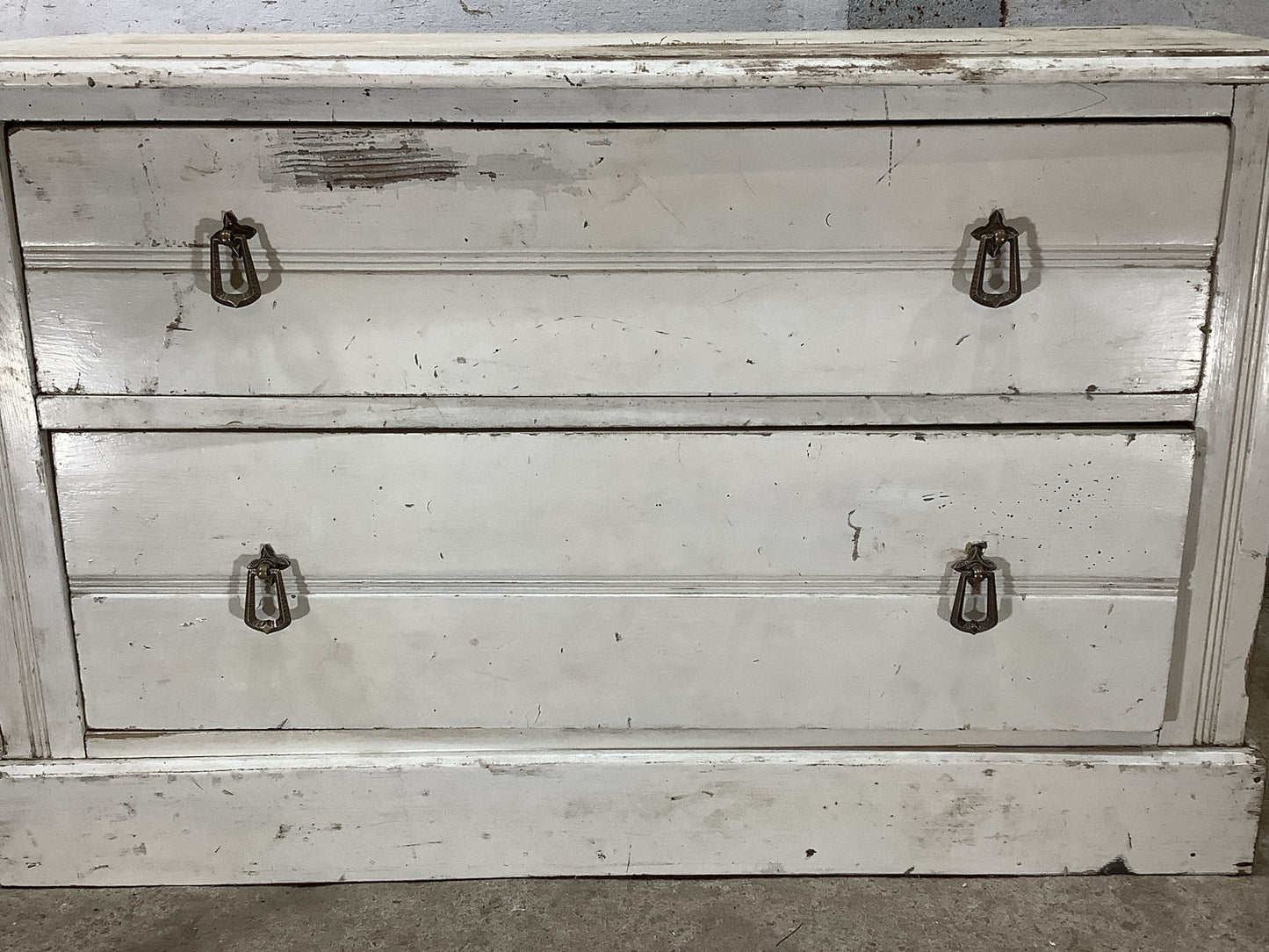 Rustic 1930s White Painted Pine Chest of Drawers with 2 Drawers  1'11"H 3'2" W