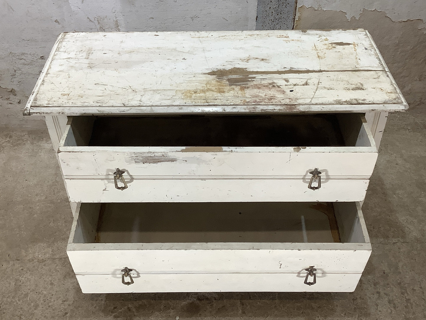 Rustic 1930s White Painted Pine Chest of Drawers with 2 Drawers  1'11"H 3'2" W