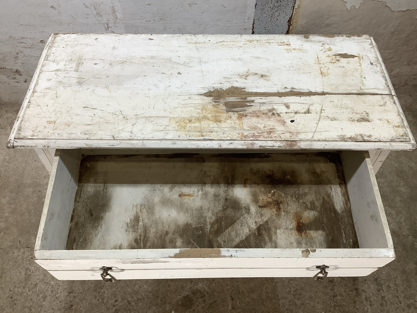Rustic 1930s White Painted Pine Chest of Drawers with 2 Drawers  1'11"H 3'2" W