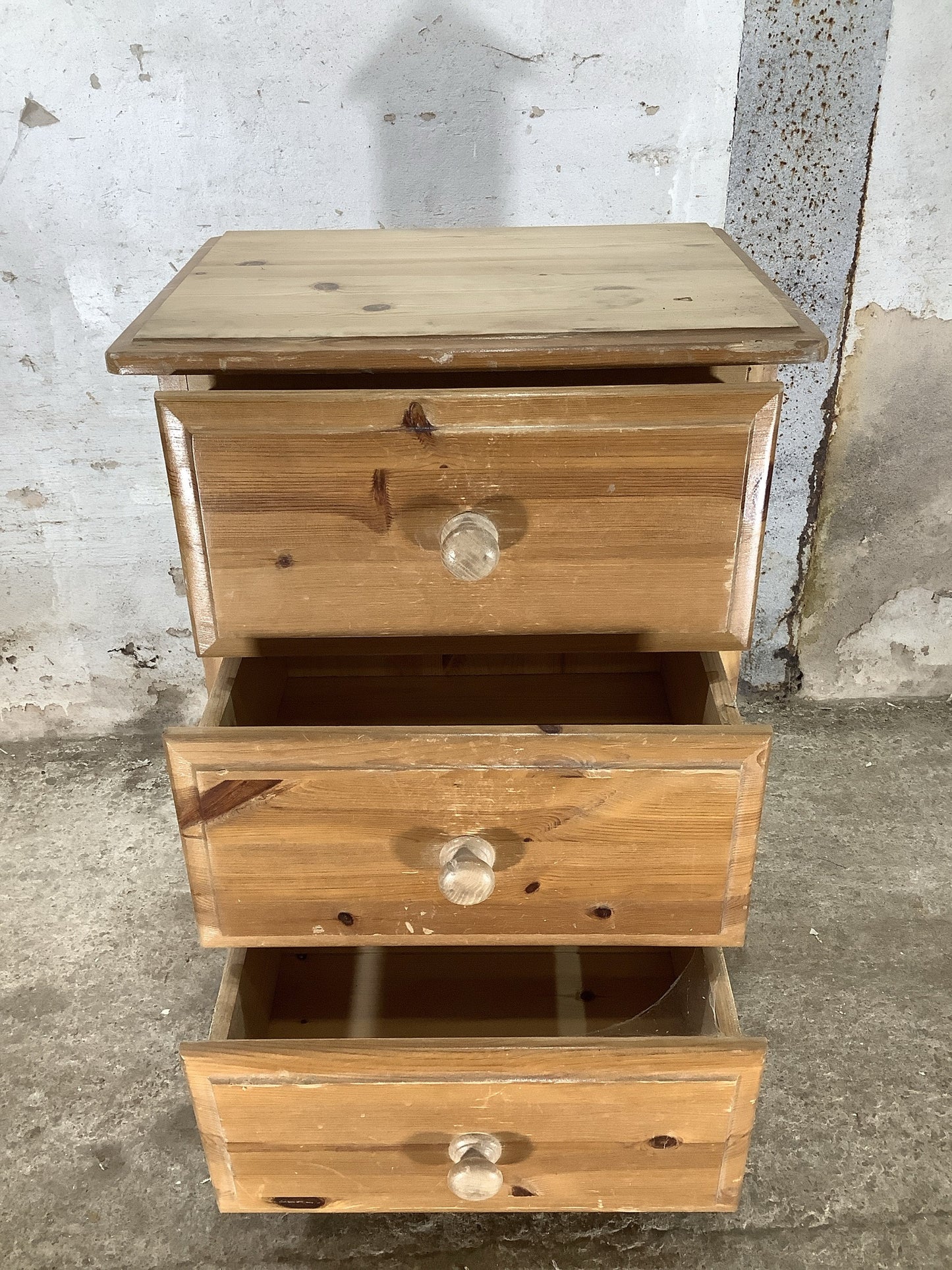 1980,s Varnished Pine 3 Drawer Wooden Pine Bedside Cupboard 2'1"H 1'5" W