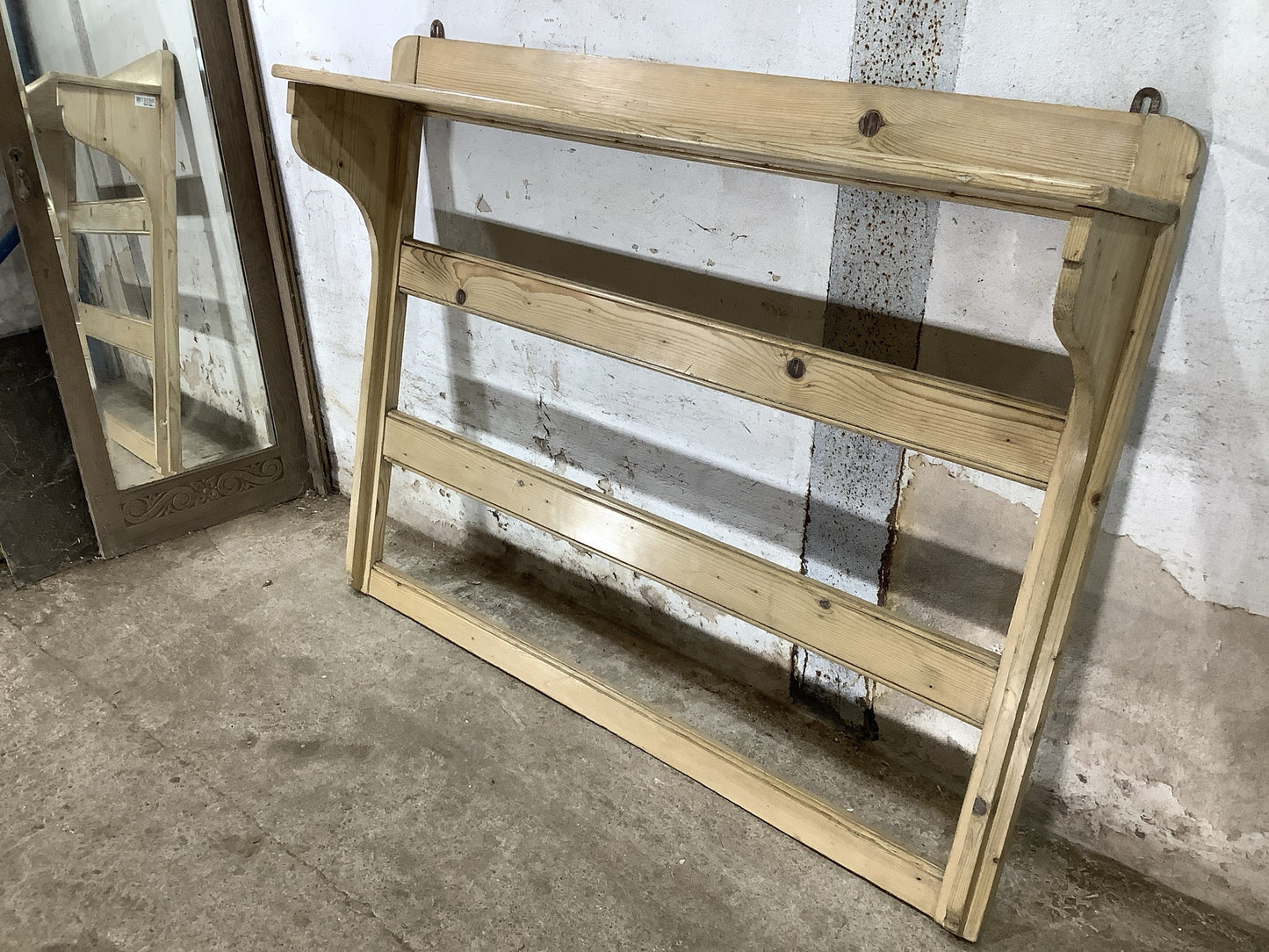 Reclaimed Victorian Waxed Pine Wooden Wall Hanging Shelf 3’3"H 4'2" W