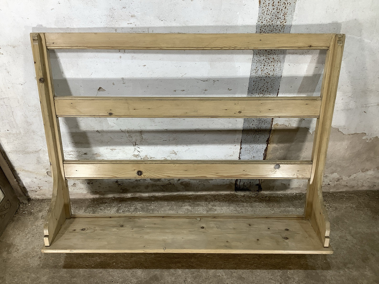 Reclaimed Victorian Waxed Pine Wooden Wall Hanging Shelf 3’3"H 4'2" W