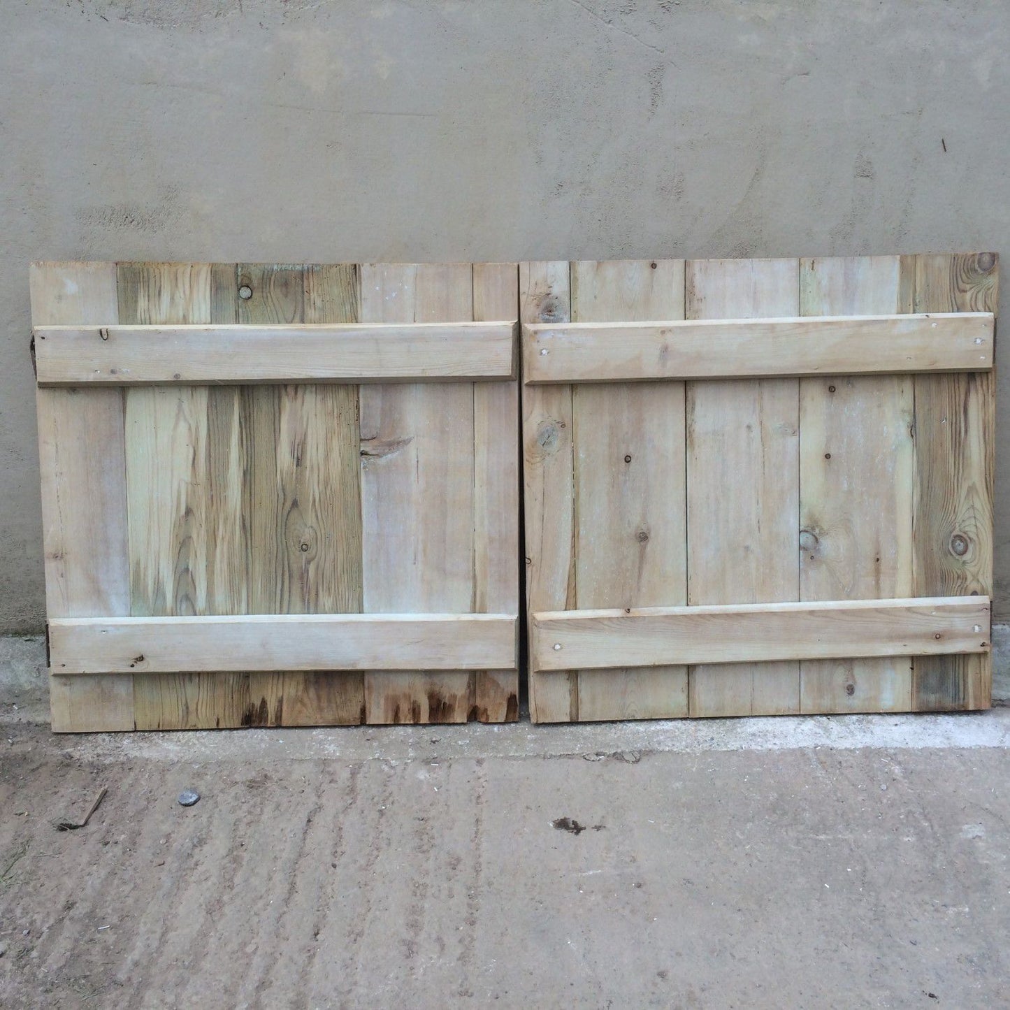 27“x26 1/2” Reclaimed Pair Of Old Stripped Pine 5 Plank Cupboard Doors