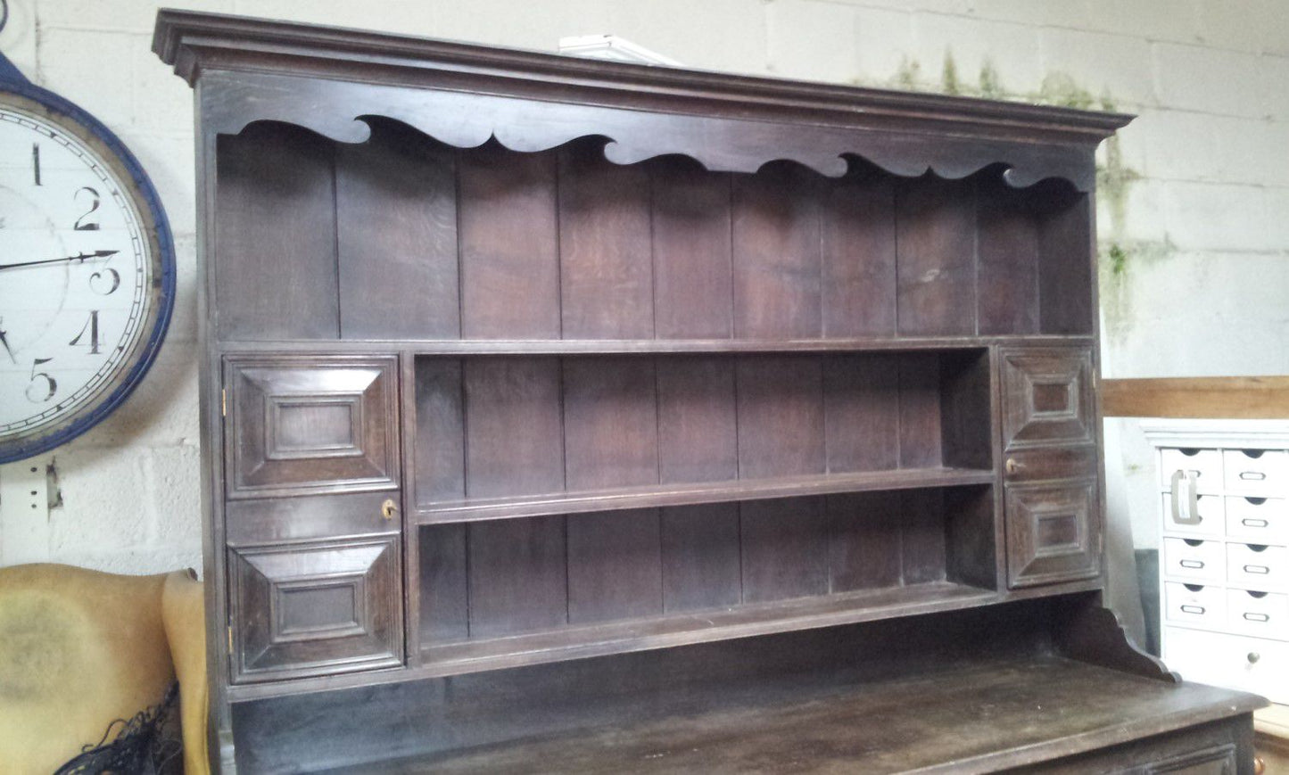 Reclaimed 6ft Solid Dark Oak Dresser With 3 Drawers & 2 Small Cupboards