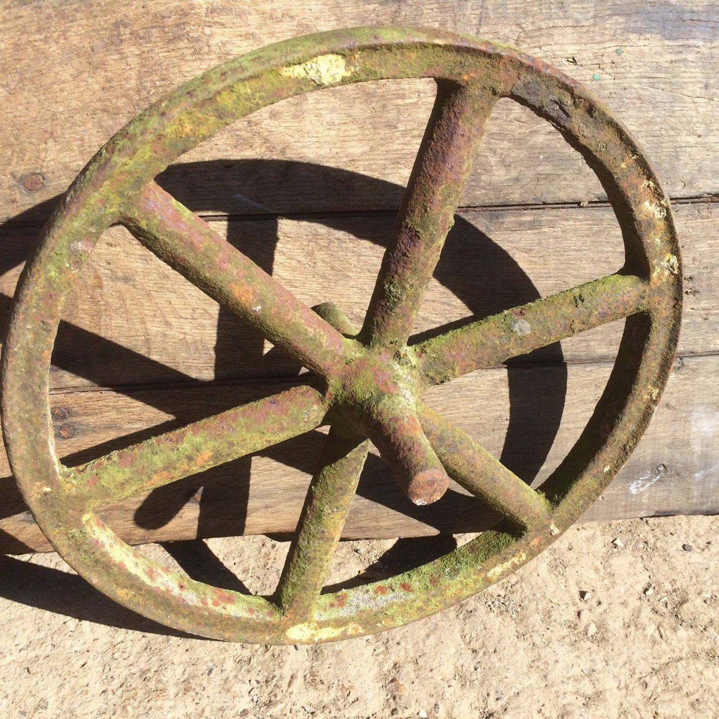 Old Early Victorian Cast Iron 6 Spoke Implement Wheelbarrow Wheel Ornament 14”