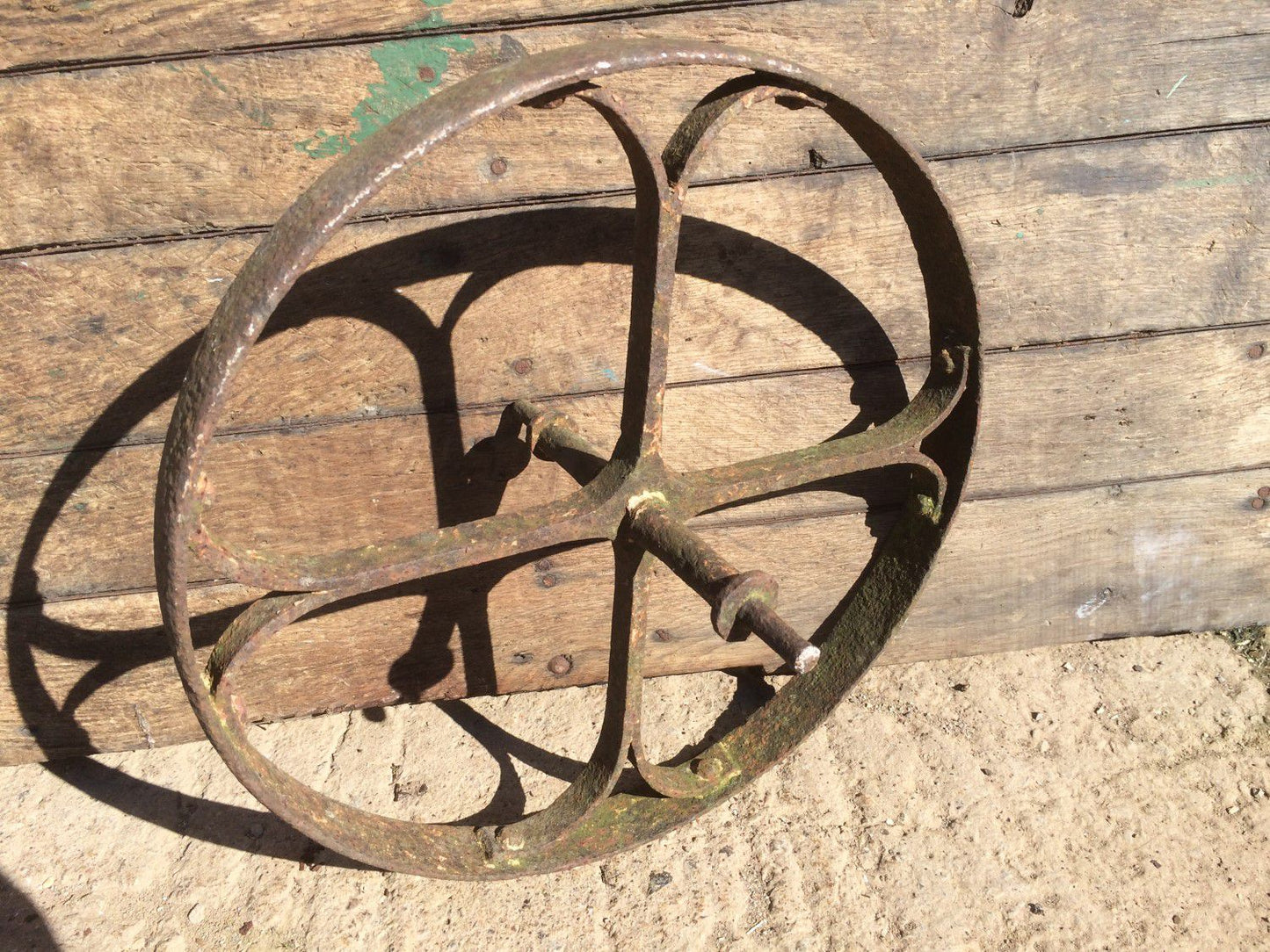 Old Reclaimed Wrought Iron 4 Spoke Implement Wheelbarrow Wheel Ornament 19”