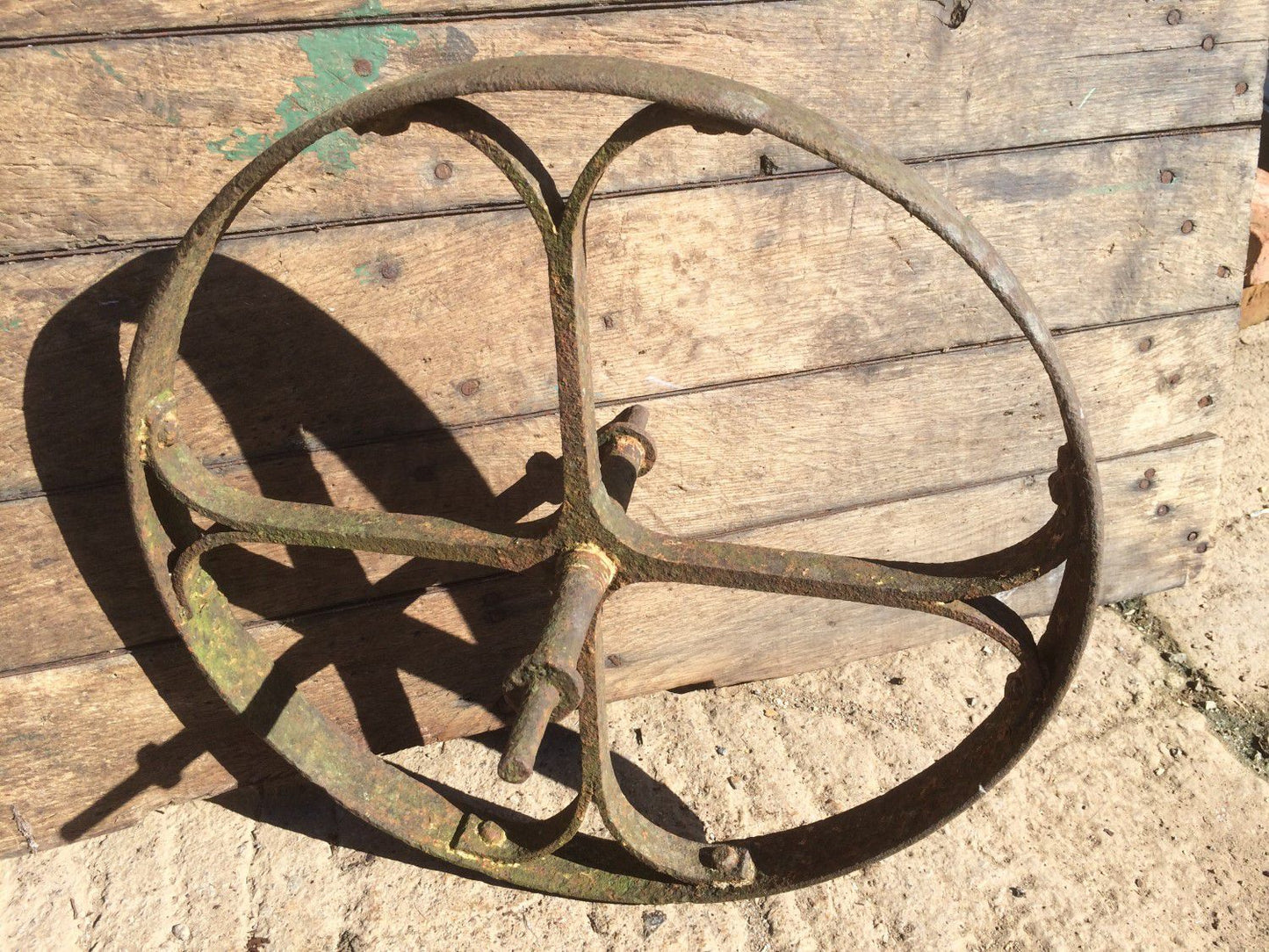 Old Reclaimed Wrought Iron 4 Spoke Implement Wheelbarrow Wheel Ornament 19”