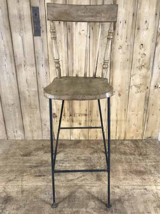 Old Converted Reclaimed Kitchen Dowel Back Stripped & Waxed Elm Chair To Stool