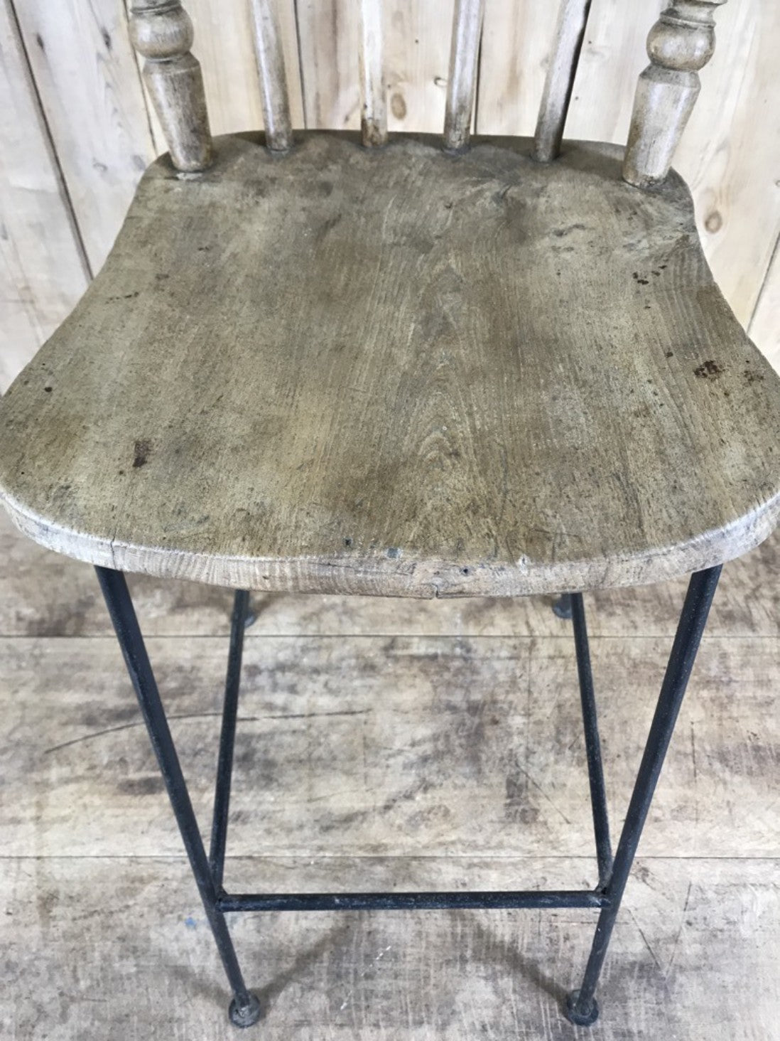 Old Converted Reclaimed Kitchen Dowel Back Stripped & Waxed Elm Chair To Stool