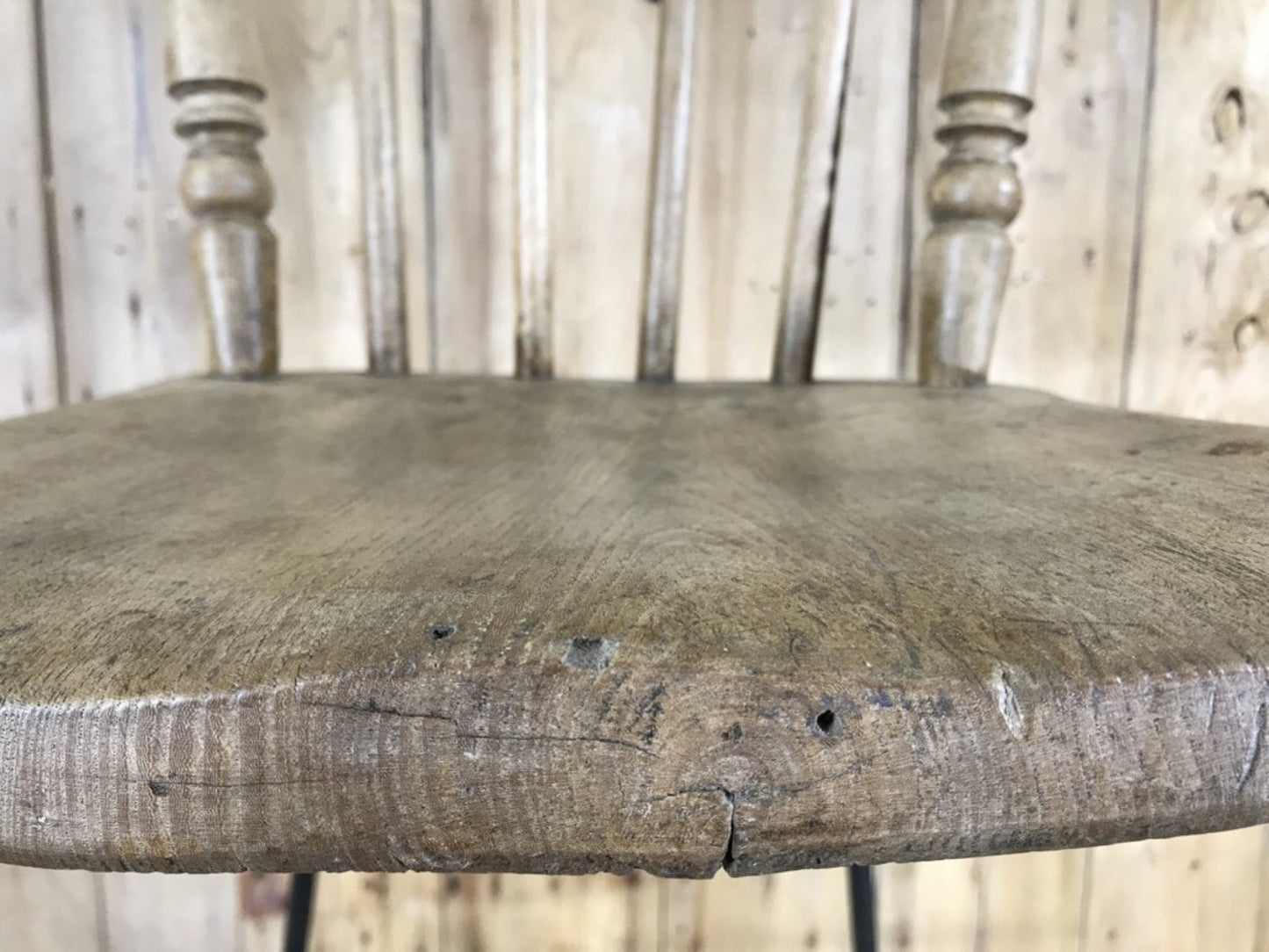 Old Converted Reclaimed Kitchen Dowel Back Stripped & Waxed Elm Chair To Stool