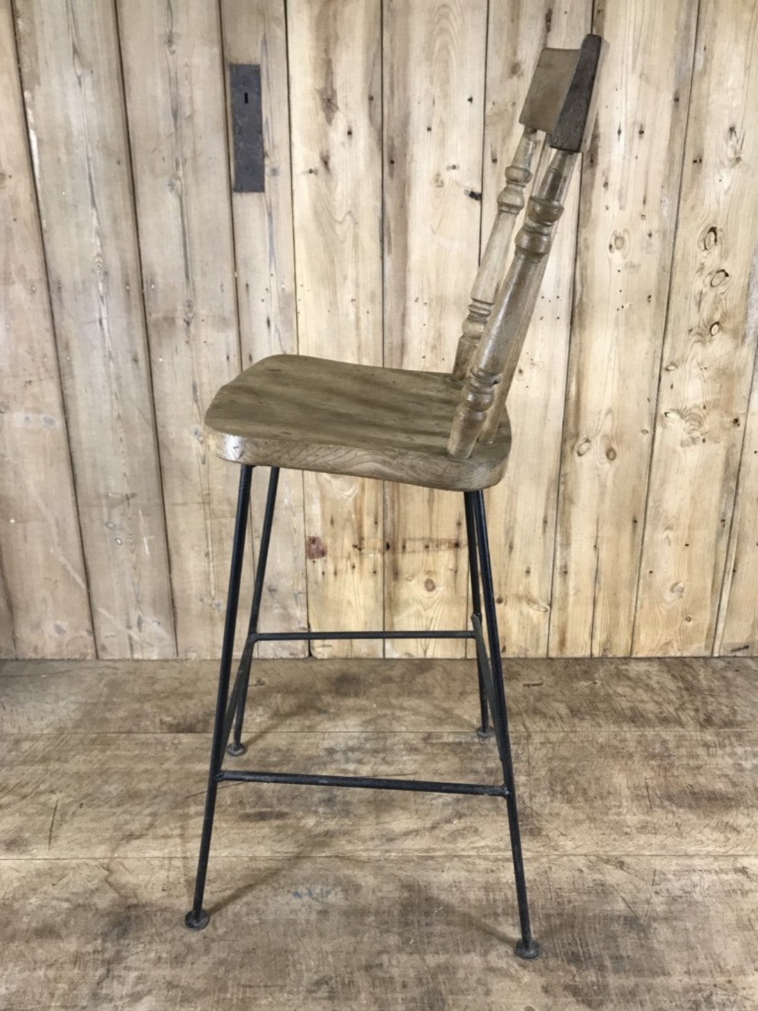 Old Converted Reclaimed Kitchen Dowel Back Stripped & Waxed Elm Chair To Stool