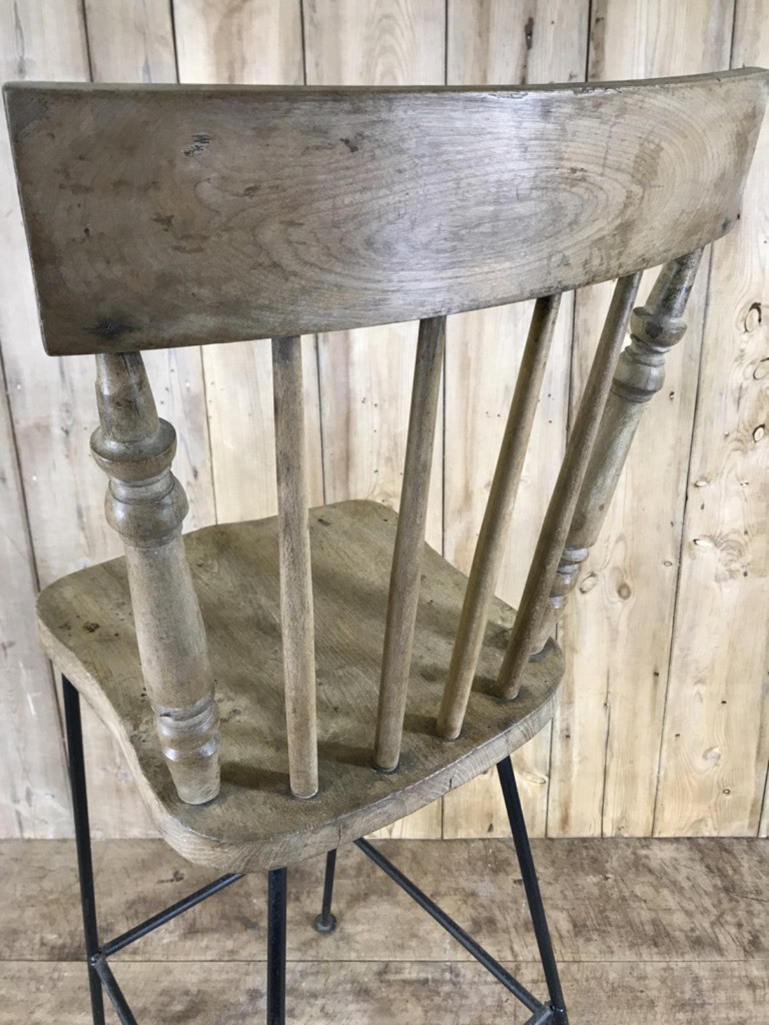 Old Converted Reclaimed Kitchen Dowel Back Stripped & Waxed Elm Chair To Stool