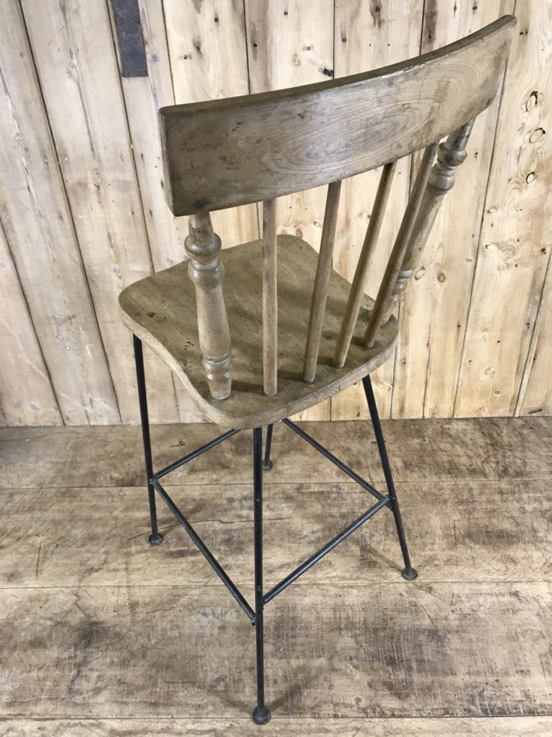 Old Converted Reclaimed Kitchen Dowel Back Stripped & Waxed Elm Chair To Stool