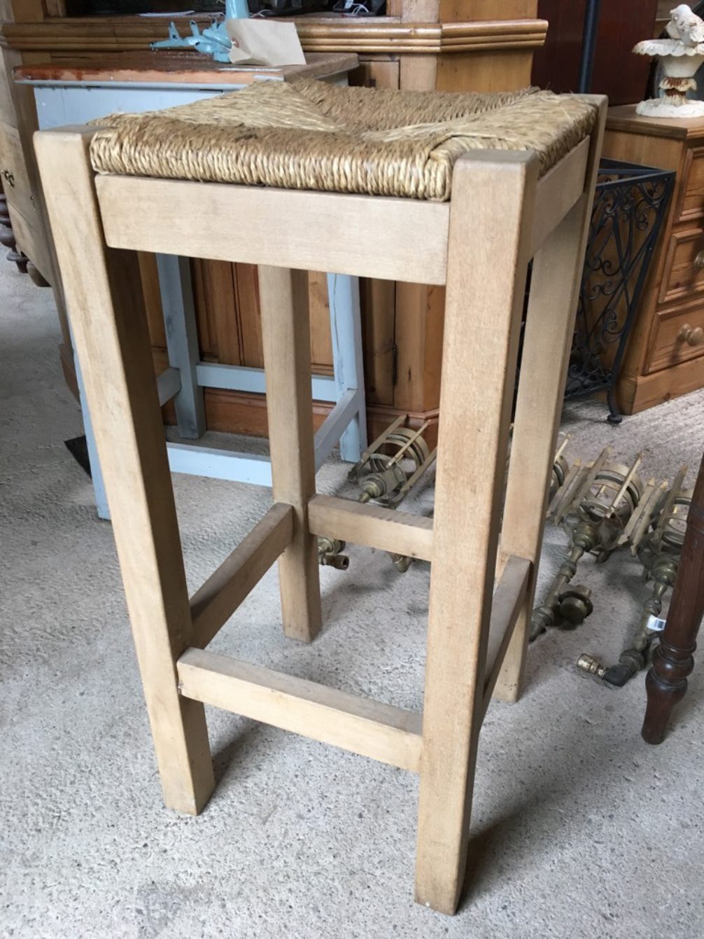 Old Kitchen Waxed Solid Beech & Grass Seat Stool 30” High