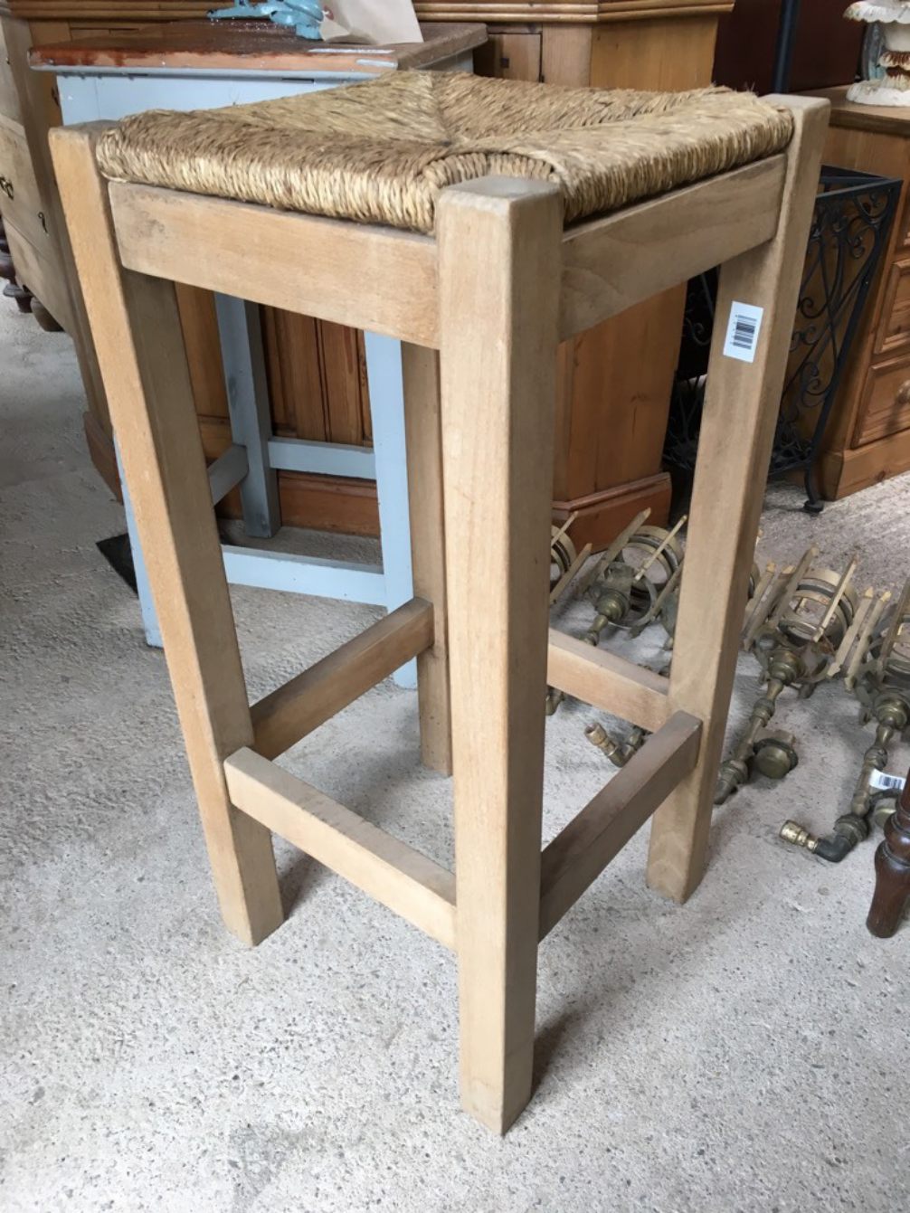 Old Kitchen Waxed Solid Beech & Grass Seat Stool 30” High