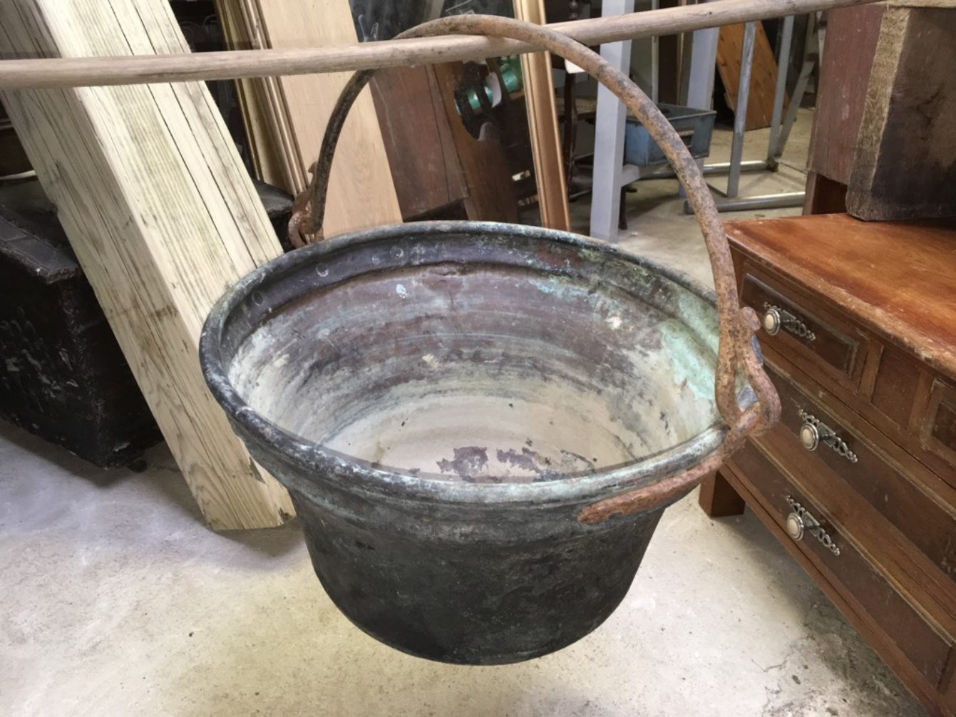 Interesting Victorian Large Copper Fire Hanging Cooking Pot 18¼” Diameter