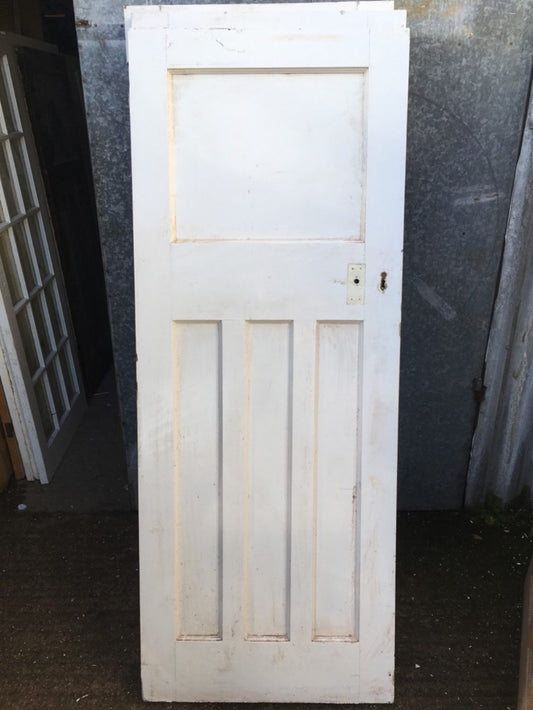 29 3/4”x 76 1/2” 1930s Painted Pitch Pine Four Panel 1 Over 3 Internal Door