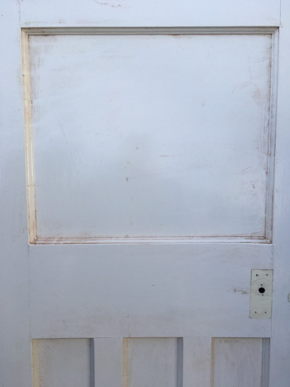 29 3/4”x 76 1/2” 1930s Painted Pitch Pine Four Panel 1 Over 3 Internal Door