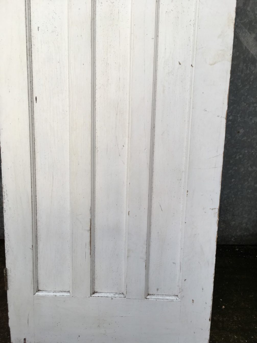 27 3/4 X 75 7/8” 1930s Painted Pitch Pine Four Panel 1 Over 3 Narrow Internal Door