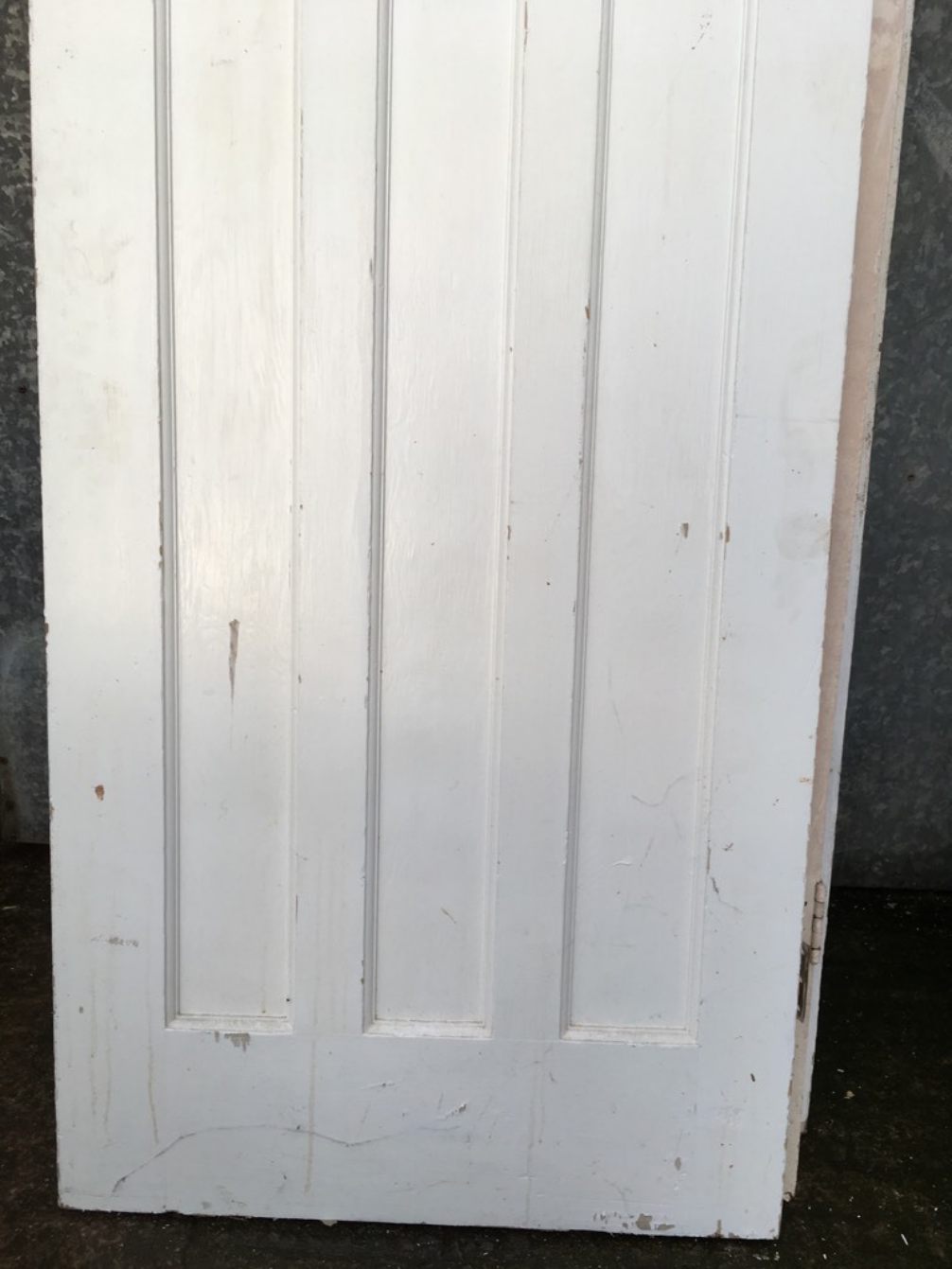 27 3/4 X 75 7/8” 1930s Painted Pitch Pine Four Panel 1 Over 3 Narrow Internal Door