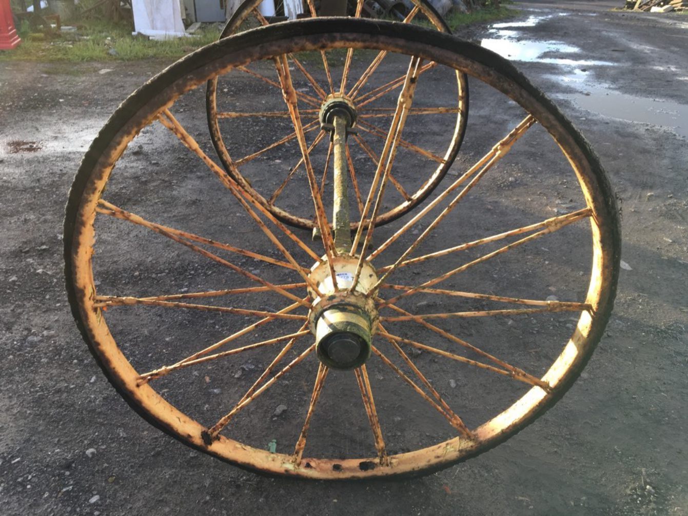 Interesting Pair Of Old Wrought Iron 3’ Spoked Wheels & Axle