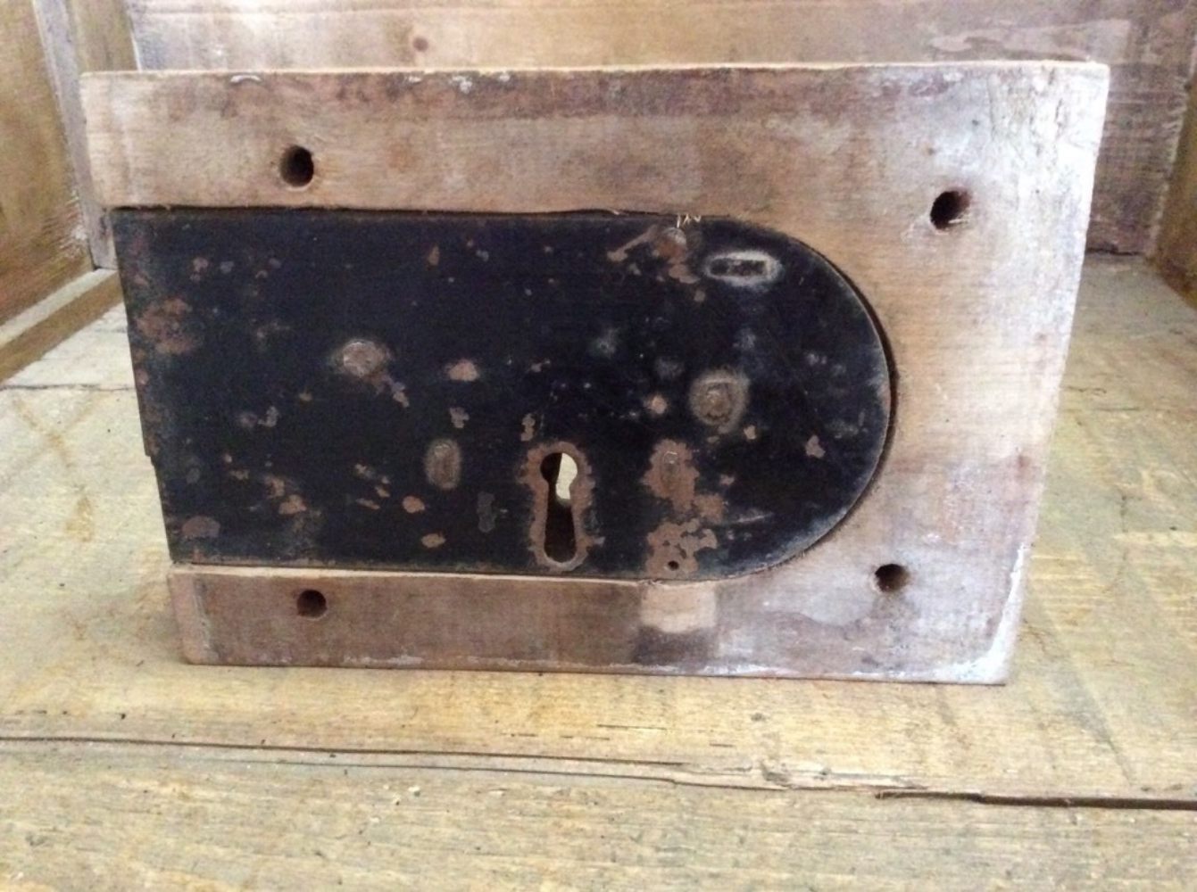 Unusual Victorian Door Rim Lock With Elm Casement & Steel Lock Right Hand 4¾”x7”