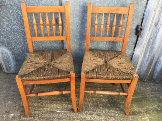 Useful Old Pair Of Pine Spindle Back Grass Seat Kitchen Chairs 86cm High