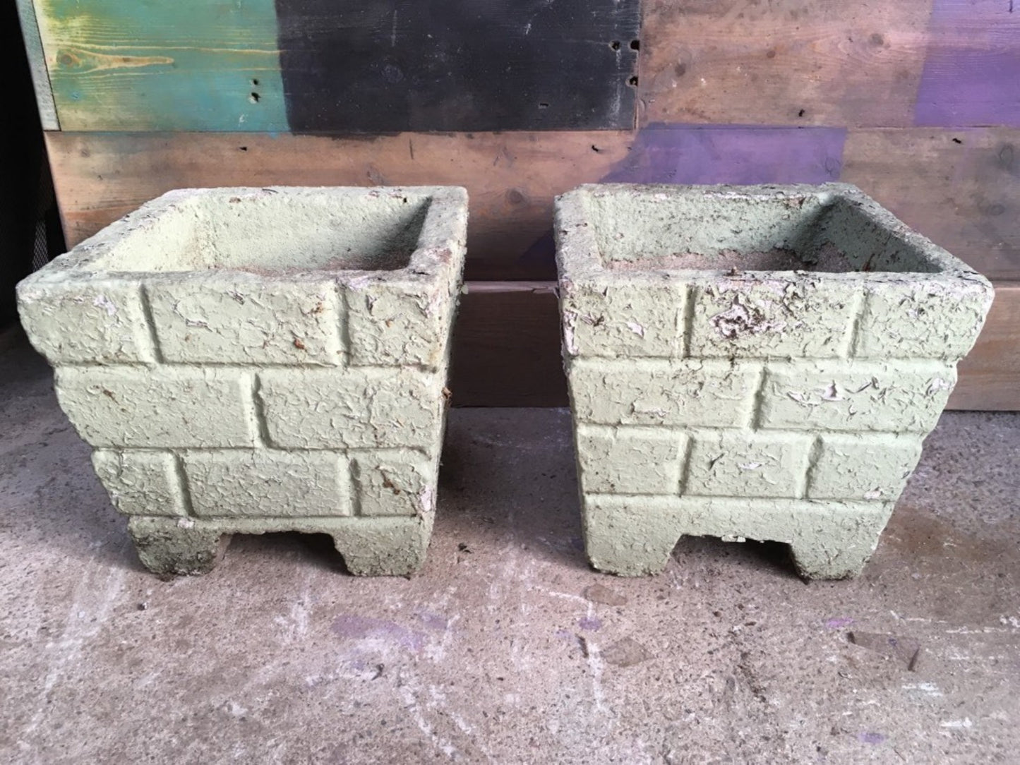 Reclaimed Pair Of Old Weathered Concrete Square Garden Pots Painted Green 28cm