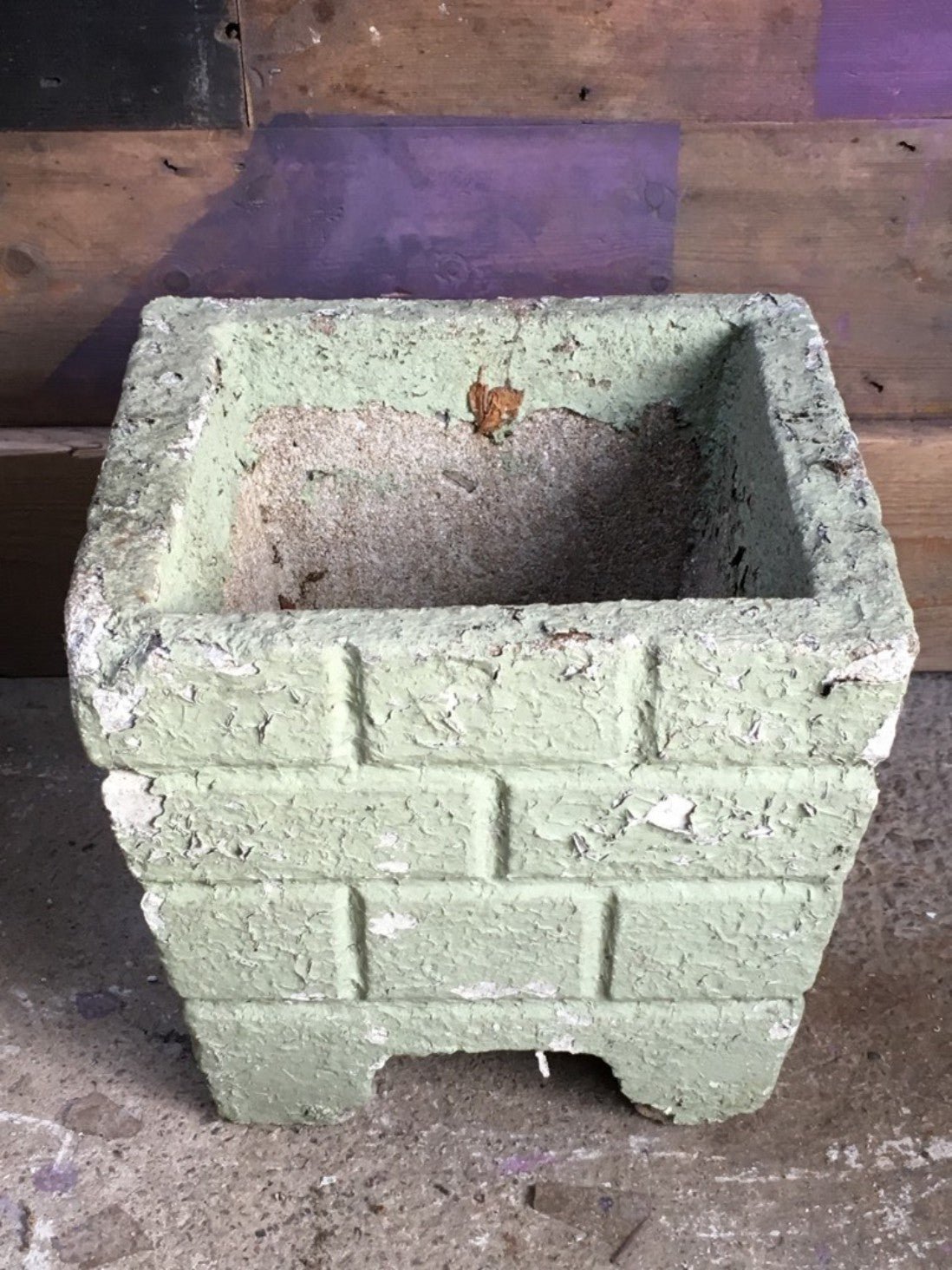 Reclaimed Pair Of Old Weathered Concrete Square Garden Pots Painted Green 28cm