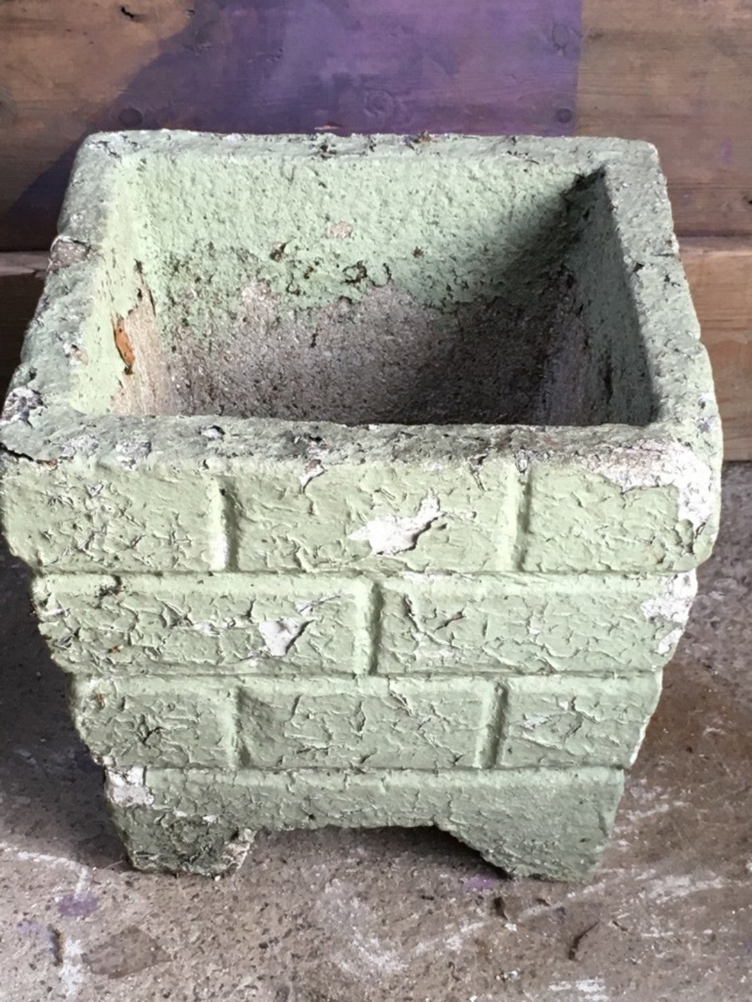 Reclaimed Pair Of Old Weathered Concrete Square Garden Pots Painted Green 28cm